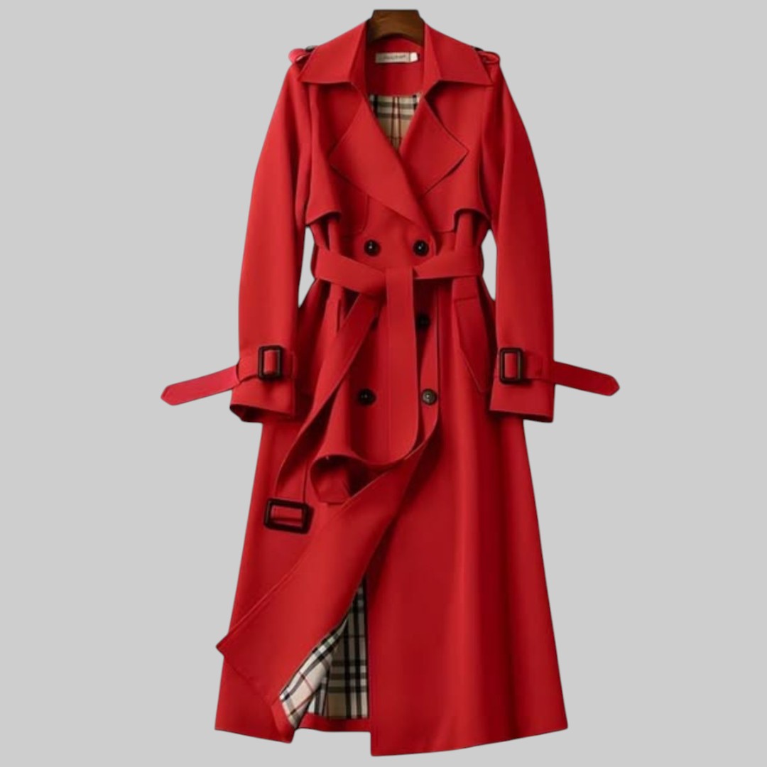 Women's Extended-Length Military-Inspired Overcoat with Tie Waist and Peaked Collar | Thomler