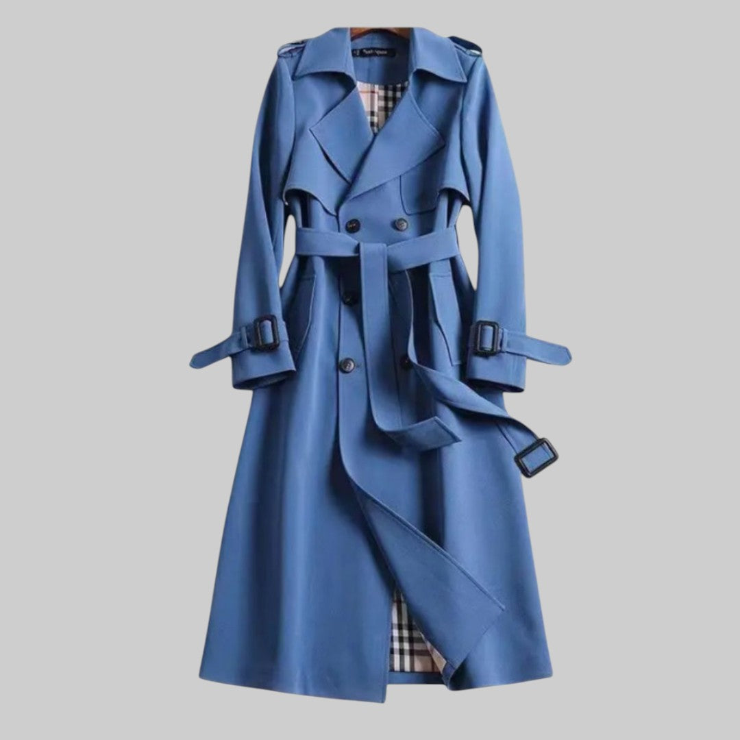 Women's Extended-Length Military-Inspired Overcoat with Tie Waist and Peaked Collar | Thomler