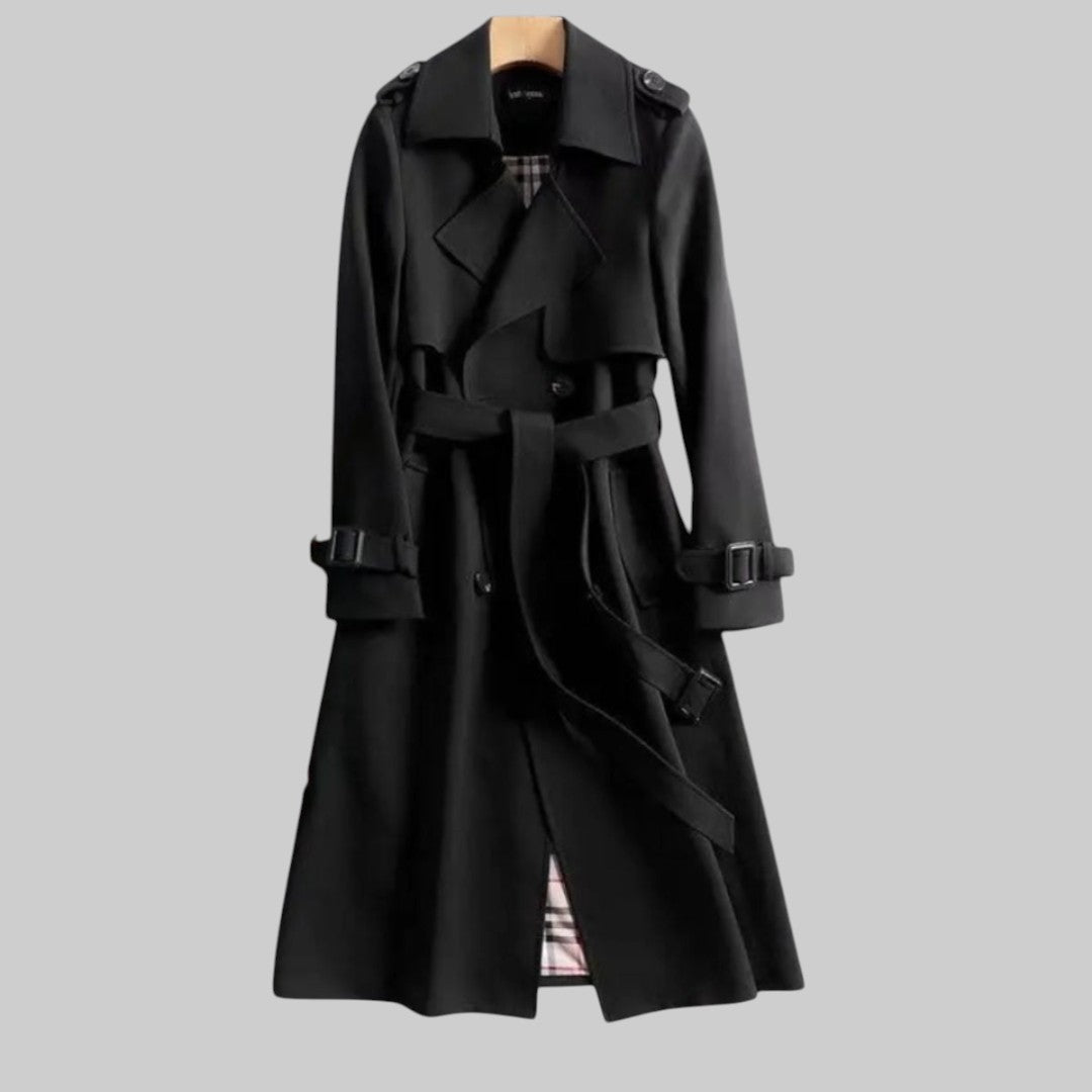 Women's Extended-Length Military-Inspired Overcoat with Tie Waist and Peaked Collar | Thomler