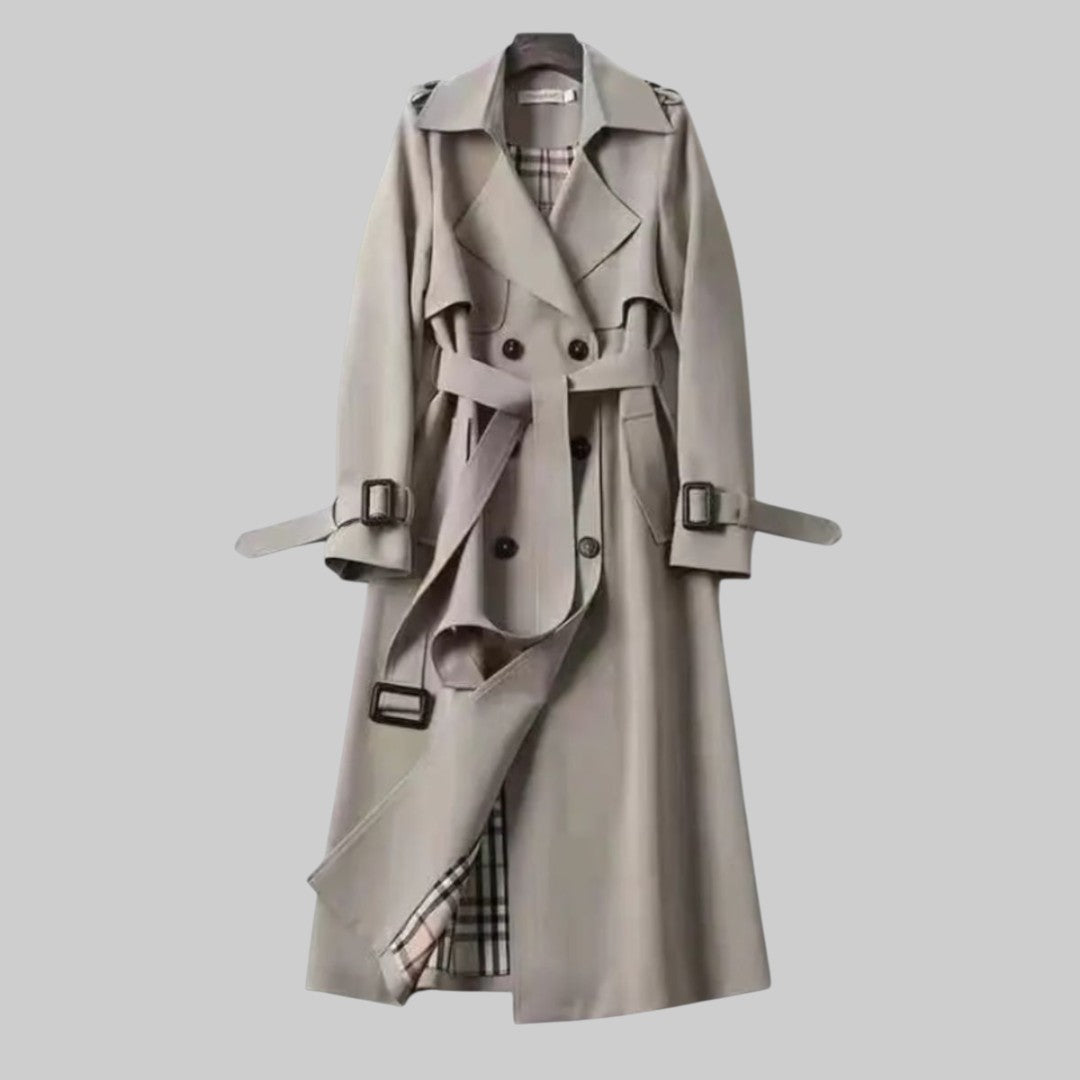 Women's Extended-Length Military-Inspired Overcoat with Tie Waist and Peaked Collar | Thomler