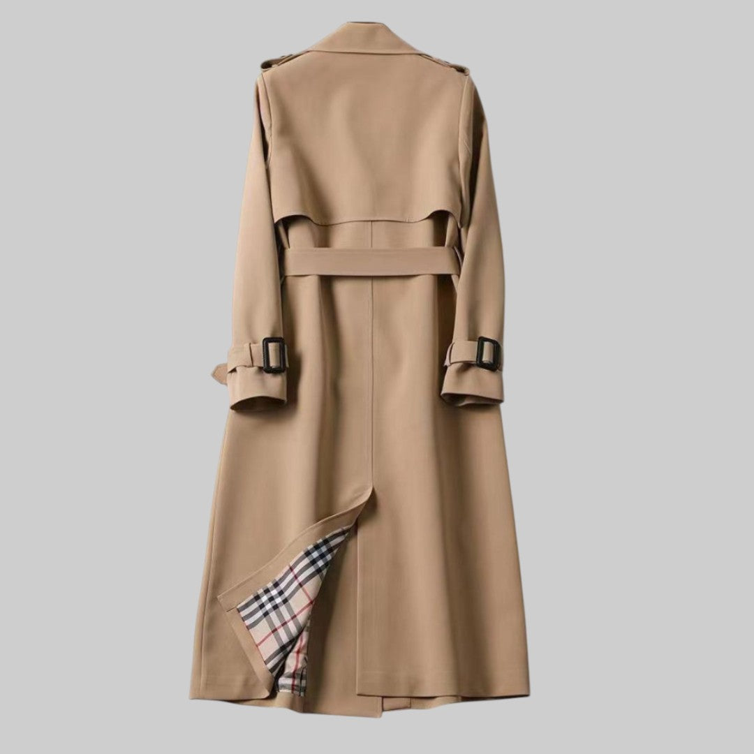 Women's Extended-Length Military-Inspired Overcoat with Tie Waist and Peaked Collar | Thomler