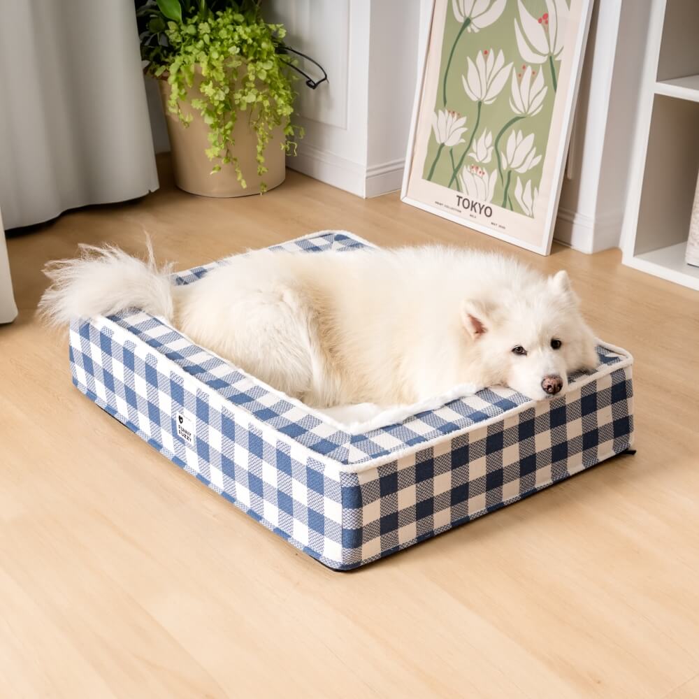 Plaid Raised-Edge Dog Bed with Memory Foam Bolster Support for Calming Sleep | Small to Extra Large Sizes | Classic Checkered Pattern Pet | Thomler