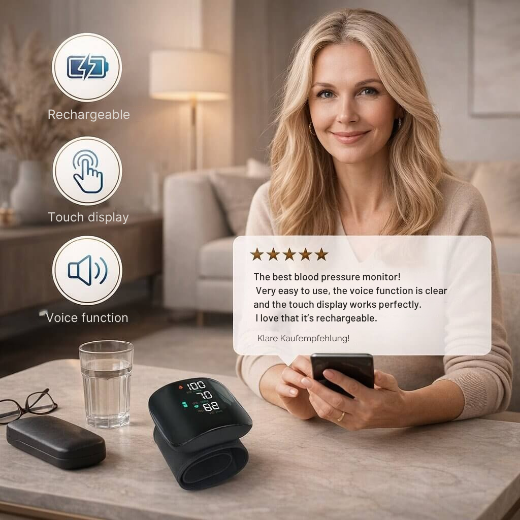 Rechargeable Wrist Blood Pressure Monitor with Voice Readout and Touch Screen for Home Health Tracking | Thomler