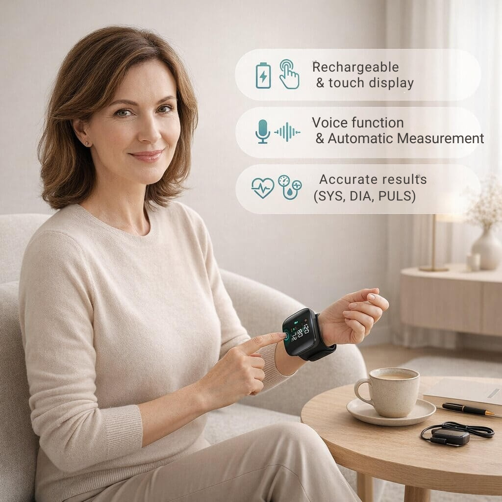 Rechargeable Wrist Blood Pressure Monitor with Voice Readout and Touch Screen for Home Health Tracking | Thomler