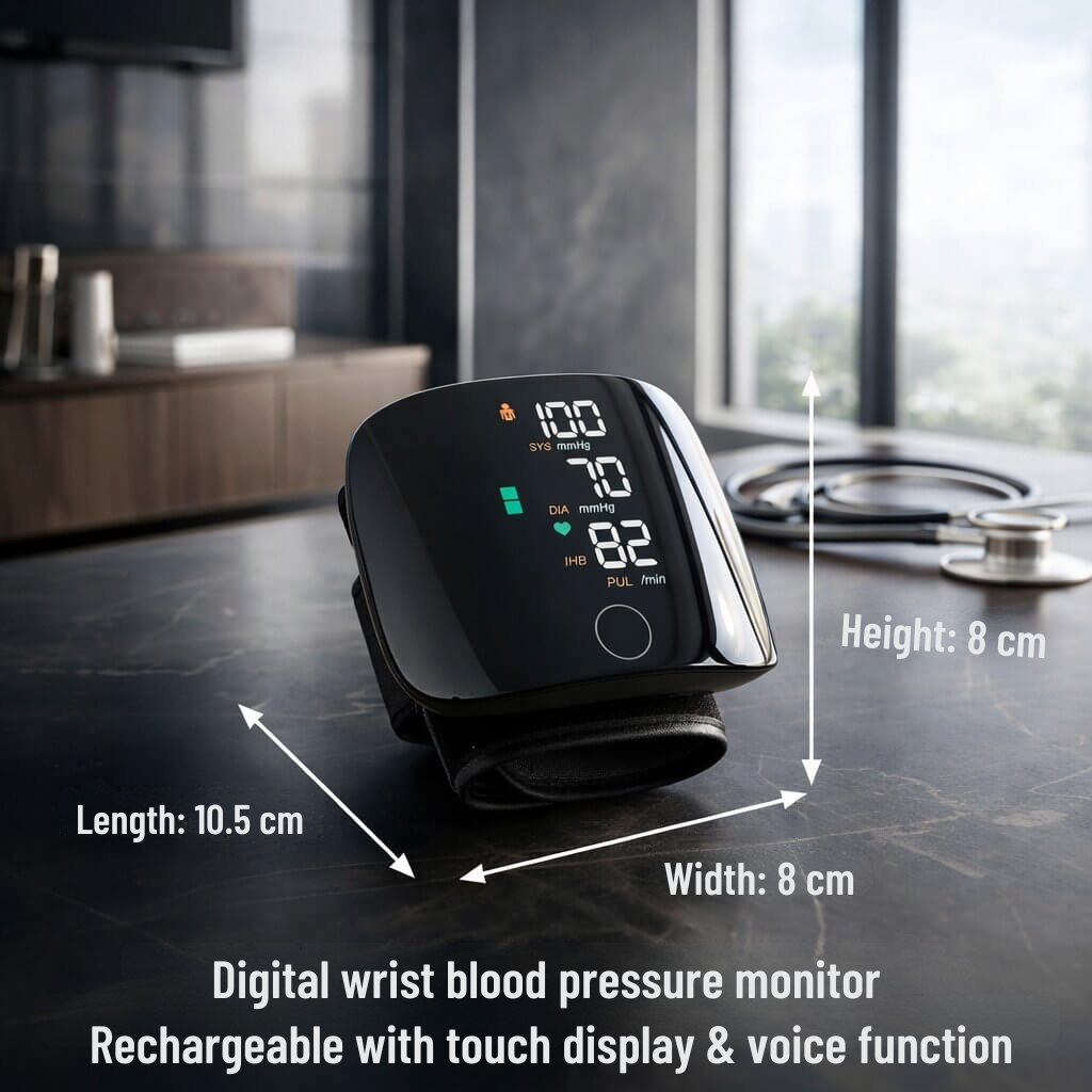 Rechargeable Wrist Blood Pressure Monitor with Voice Readout and Touch Screen for Home Health Tracking | Thomler