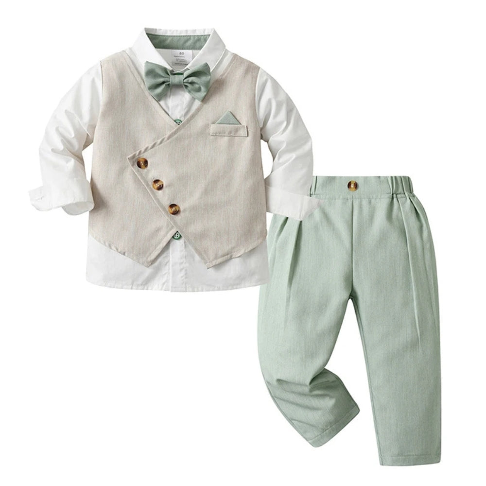 Boys 3-Piece Formal Suit Set with Shirt, Vest, Pants & Bow Tie for Weddings, Parties & Special Occasions | Soft Cotton Dress Outfit | Thomler