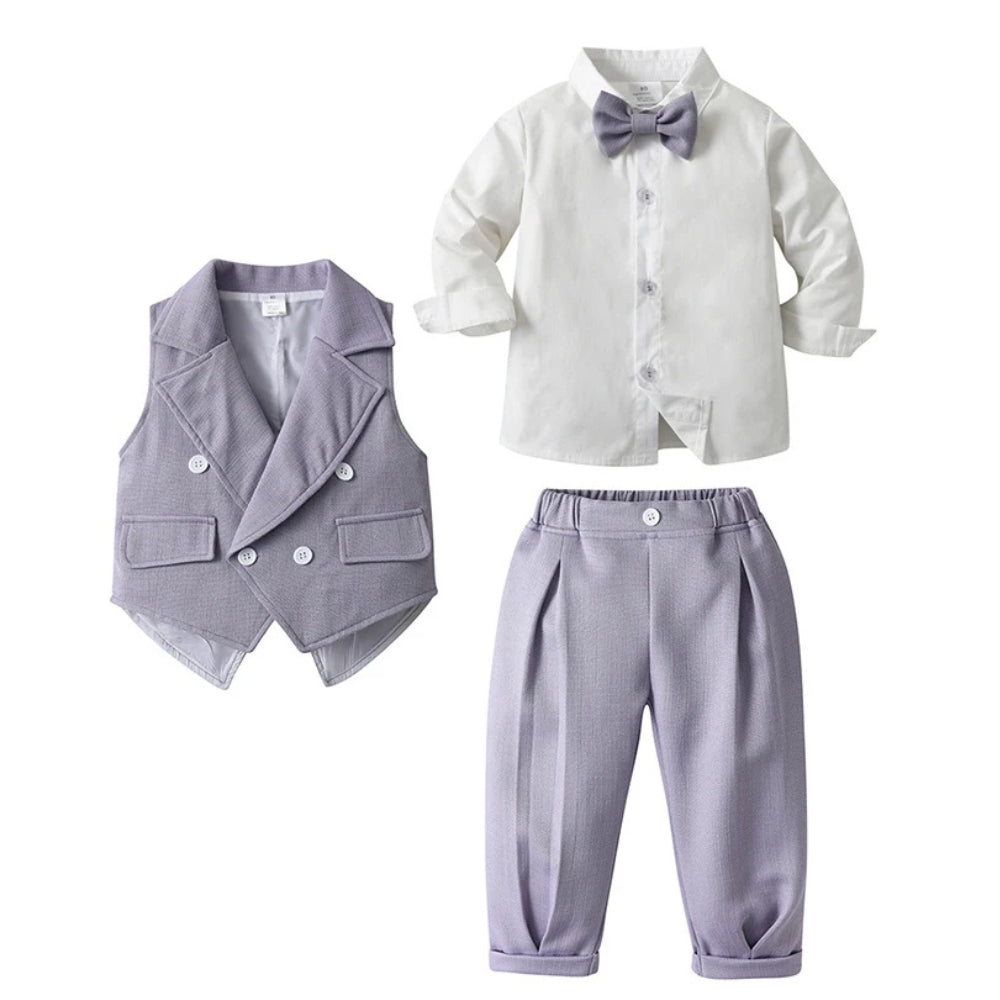 Boys Formal 3-Piece Suit Set with Shirt, Vest, Pants & Bow Tie for Weddings, Parties, Special Occasions | Toddler Kids Dress Outfit | Thomler