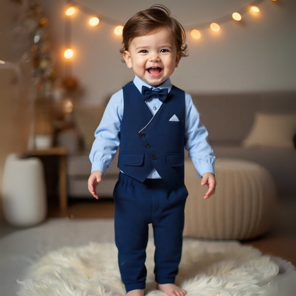 Boys 3-Piece Formal Suit Set with Shirt, Vest, Pants & Bow Tie for Weddings, Parties & Special Occasions | Soft Cotton Dress Outfit | Thomler