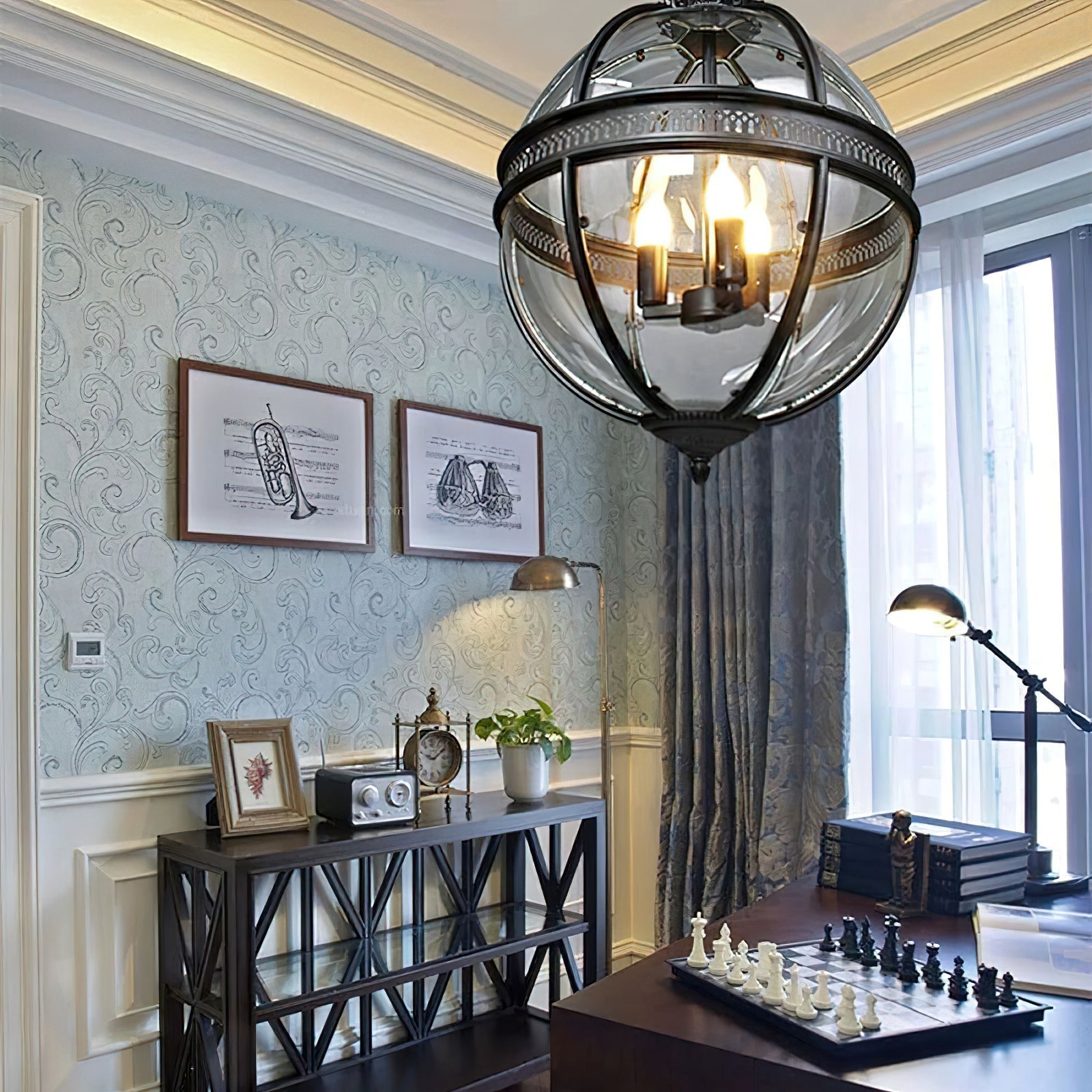 Pendant Light Glass Globe E12 Metal Frame Vintage Indoor Dining Room Hanging Ceiling Fixture | Thomler