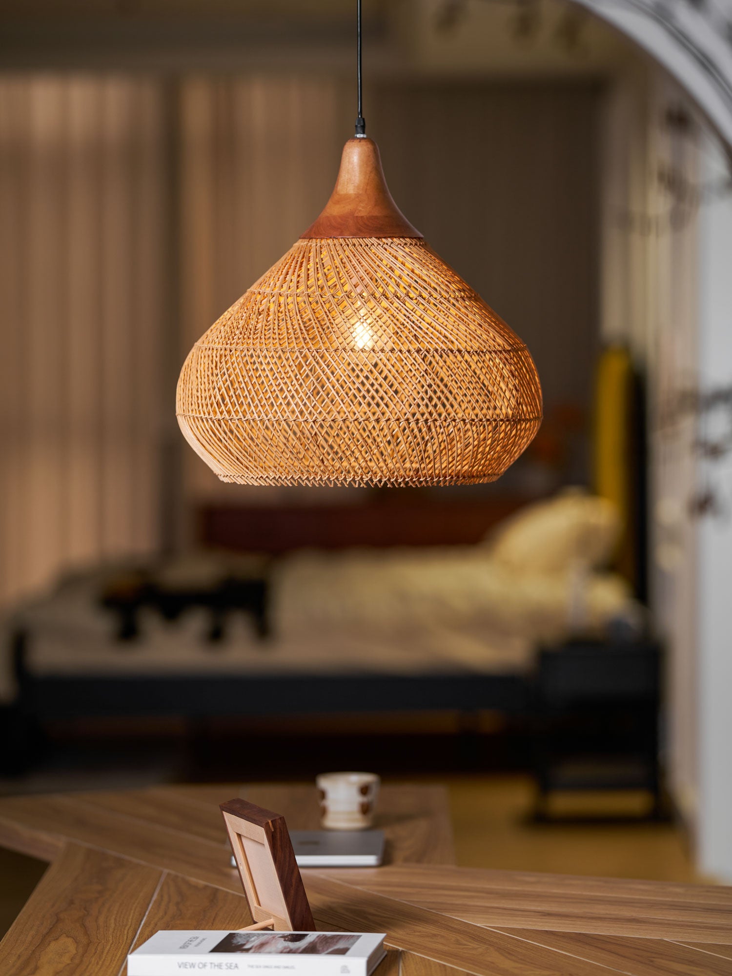 Pendant Light Rattan Braided 23.6 in Adjustable Dining Room Kitchen Island Hanging Ceiling Lamp Natural Woven Lighting Fixture | Thomler