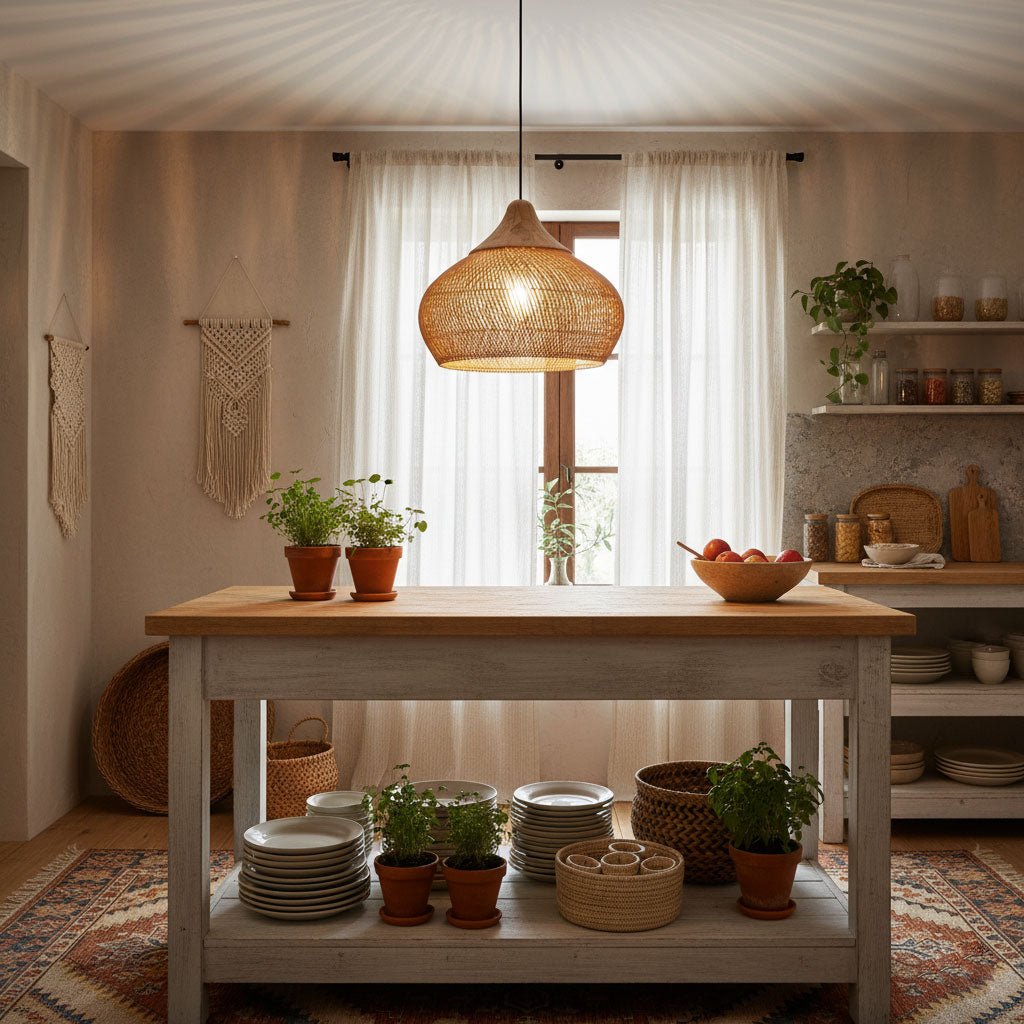 Pendant Light Rattan Braided 23.6 in Adjustable Dining Room Kitchen Island Hanging Ceiling Lamp Natural Woven Lighting Fixture | Thomler