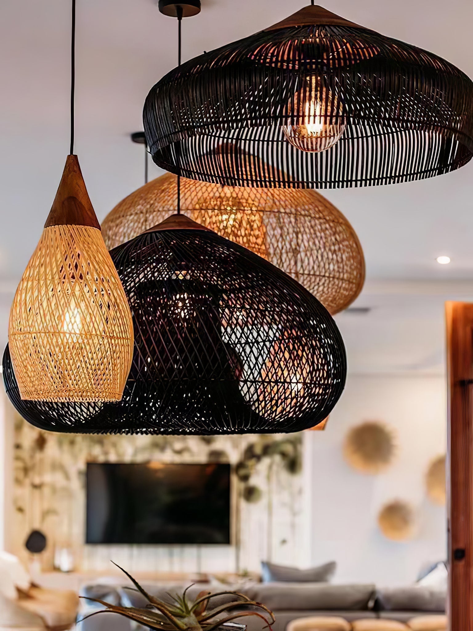 Pendant Light Rattan Braided 23.6 in Adjustable Dining Room Kitchen Island Hanging Ceiling Lamp Natural Woven Lighting Fixture | Thomler