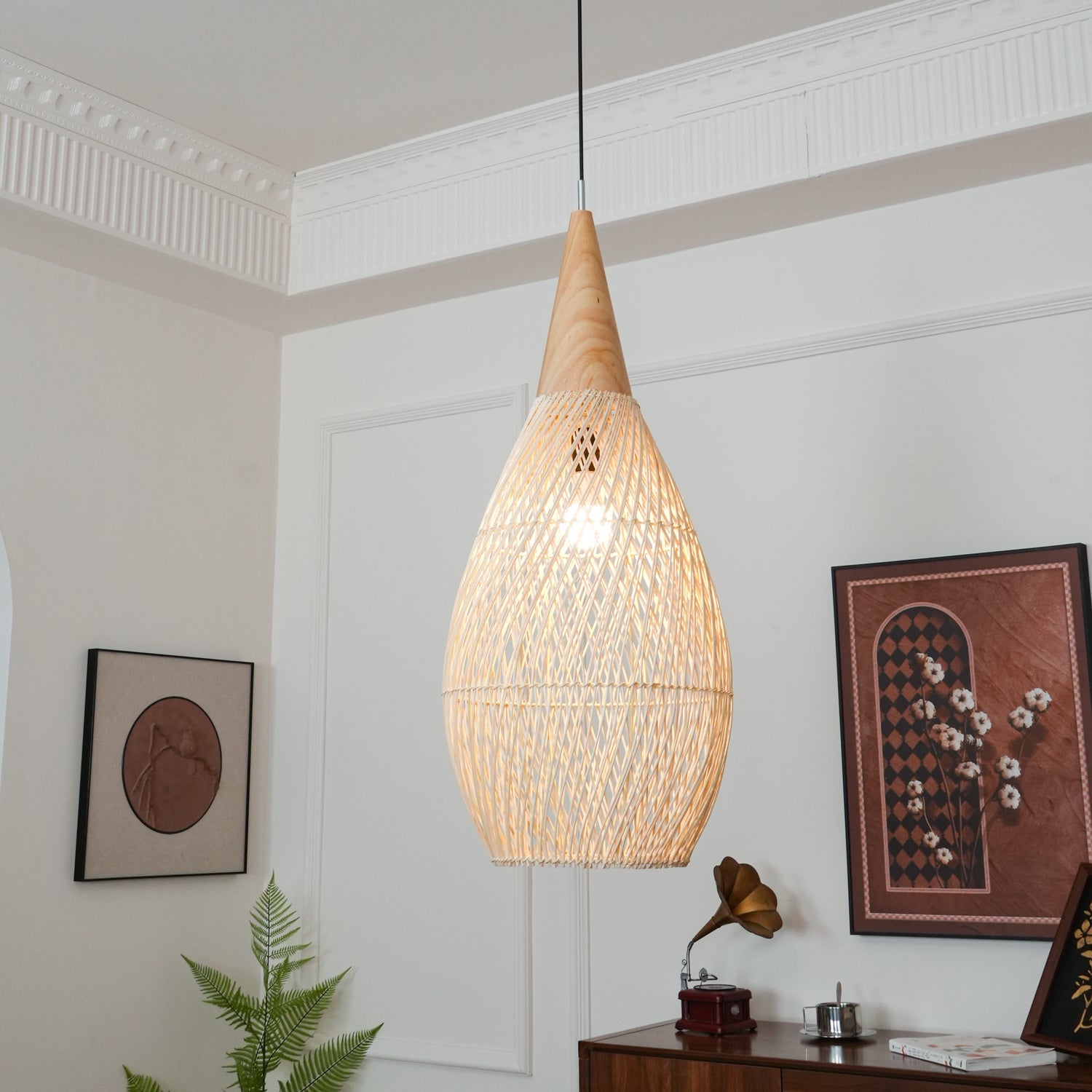 Pendant Light Rattan Braided 23.6 in Adjustable Dining Room Kitchen Island Hanging Ceiling Lamp Natural Woven Lighting Fixture | Thomler
