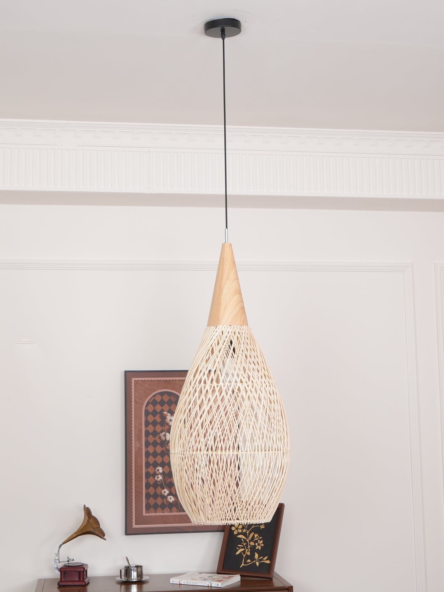 Pendant Light Rattan Braided 23.6 in Adjustable Dining Room Kitchen Island Hanging Ceiling Lamp Natural Woven Lighting Fixture | Thomler