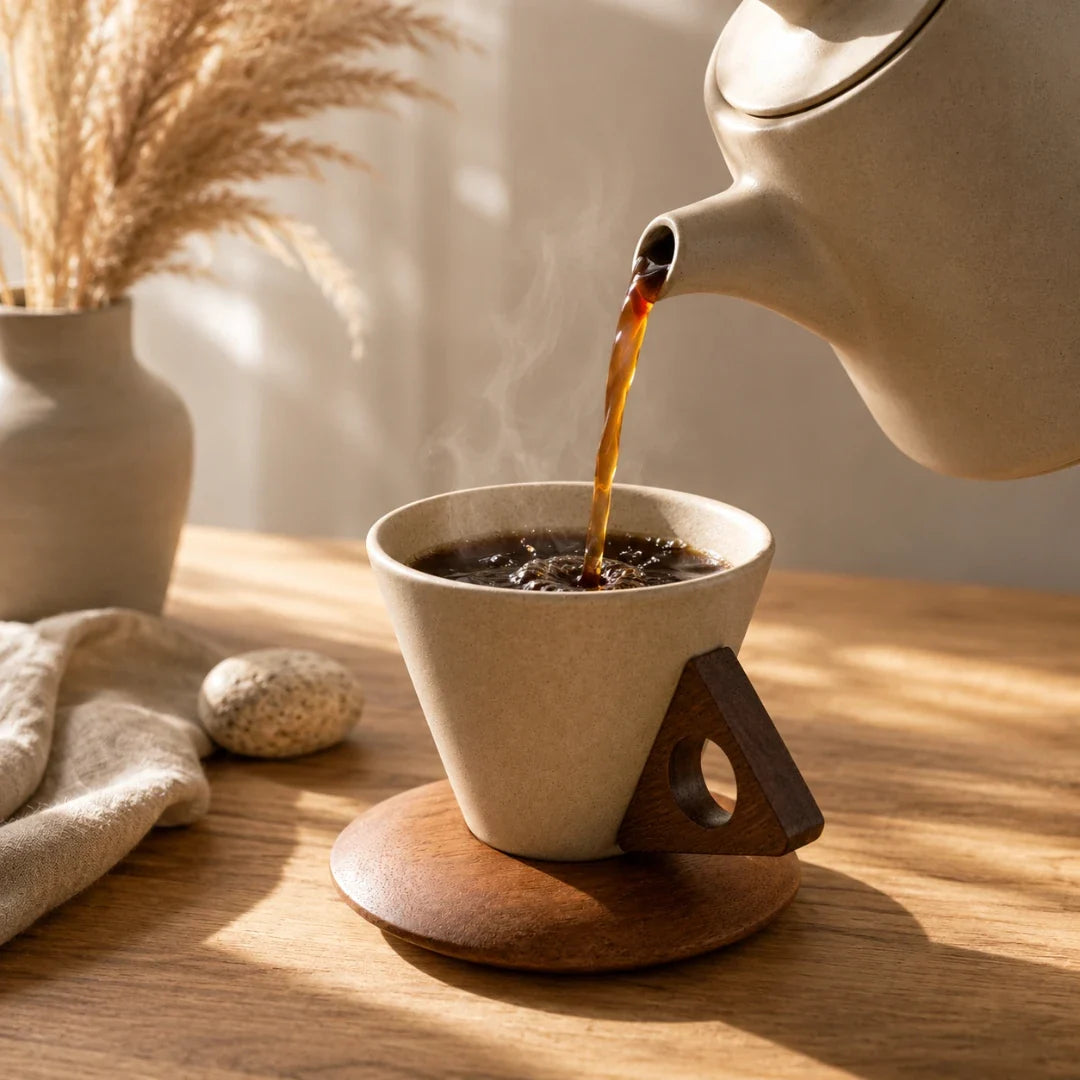 Hand-Crafted Single-Serve Ceramic Coffee Dripper with Acacia Wood Stand for Pour-Over Brewing at Home, Office, Camping | Thomler
