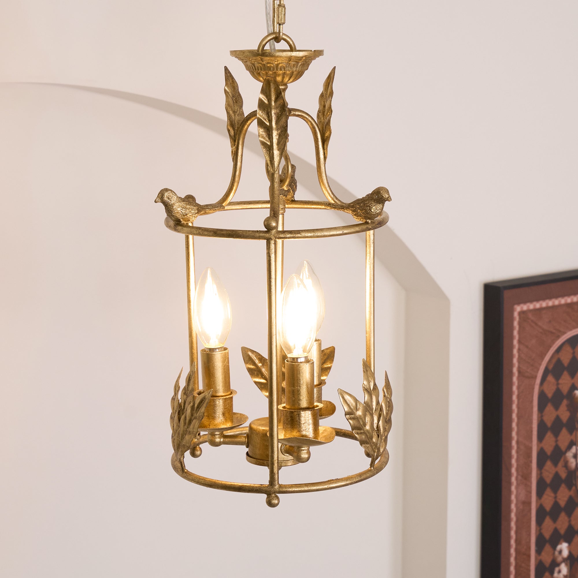 Pendant Light Metal Lantern 9.8 in Hanging Dining Room Entryway Vintage Bird Detail Ceiling Fixture | Thomler
