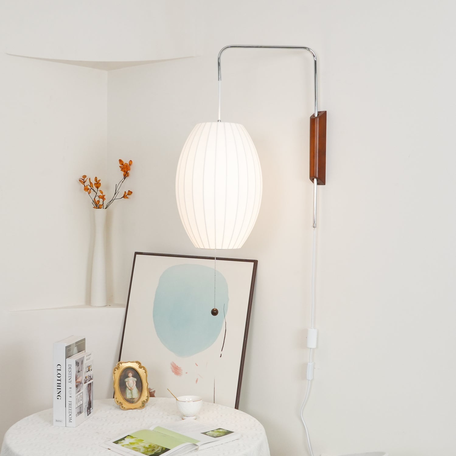 Wall Lamp Walnut Opal Shade 40.0 cm White Bedroom Living Room Plug In Reading Light Japandi Mid Century Accent Lighting | Thomler