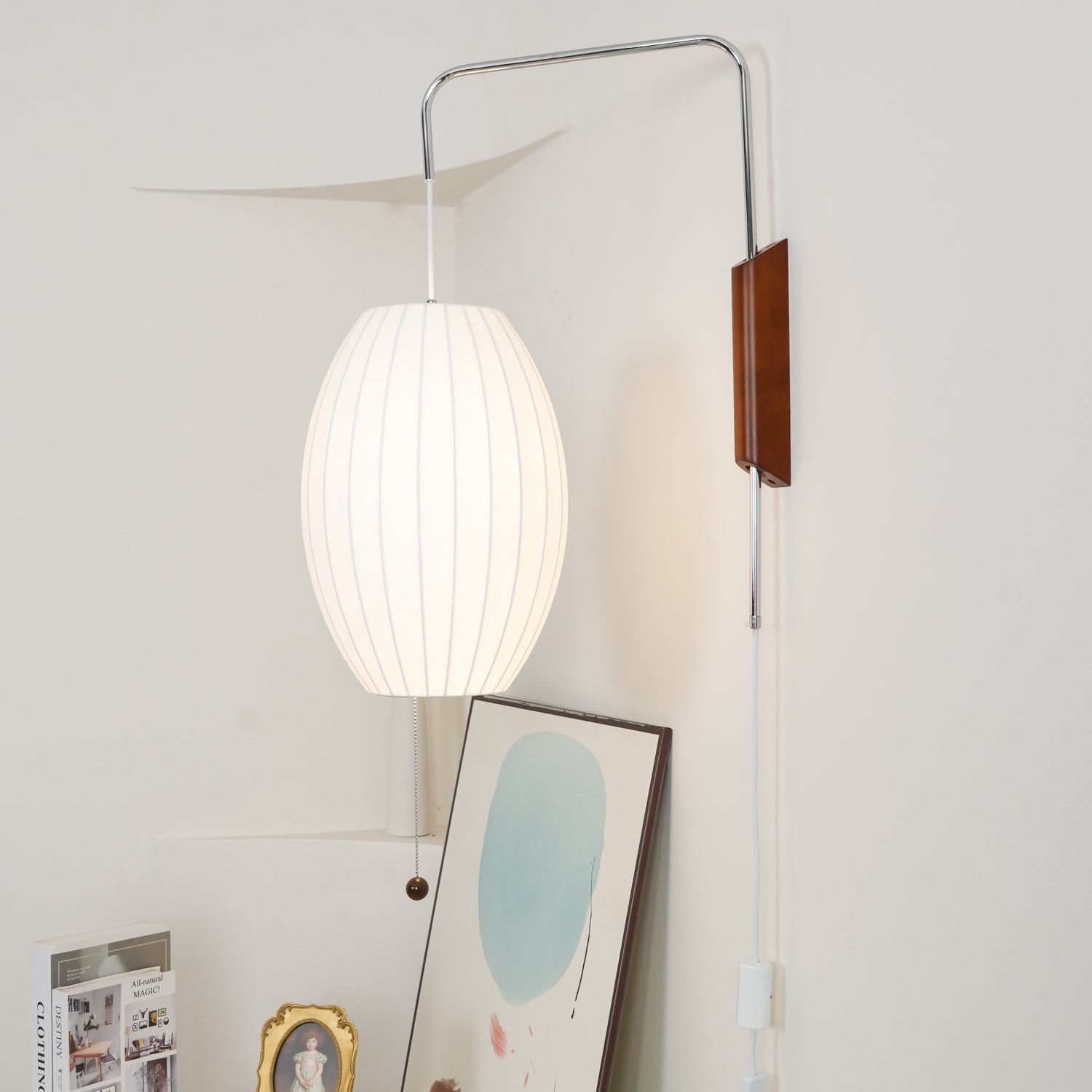 Wall Lamp Walnut Opal Shade 40.0 cm White Bedroom Living Room Plug In Reading Light Japandi Mid Century Accent Lighting | Thomler