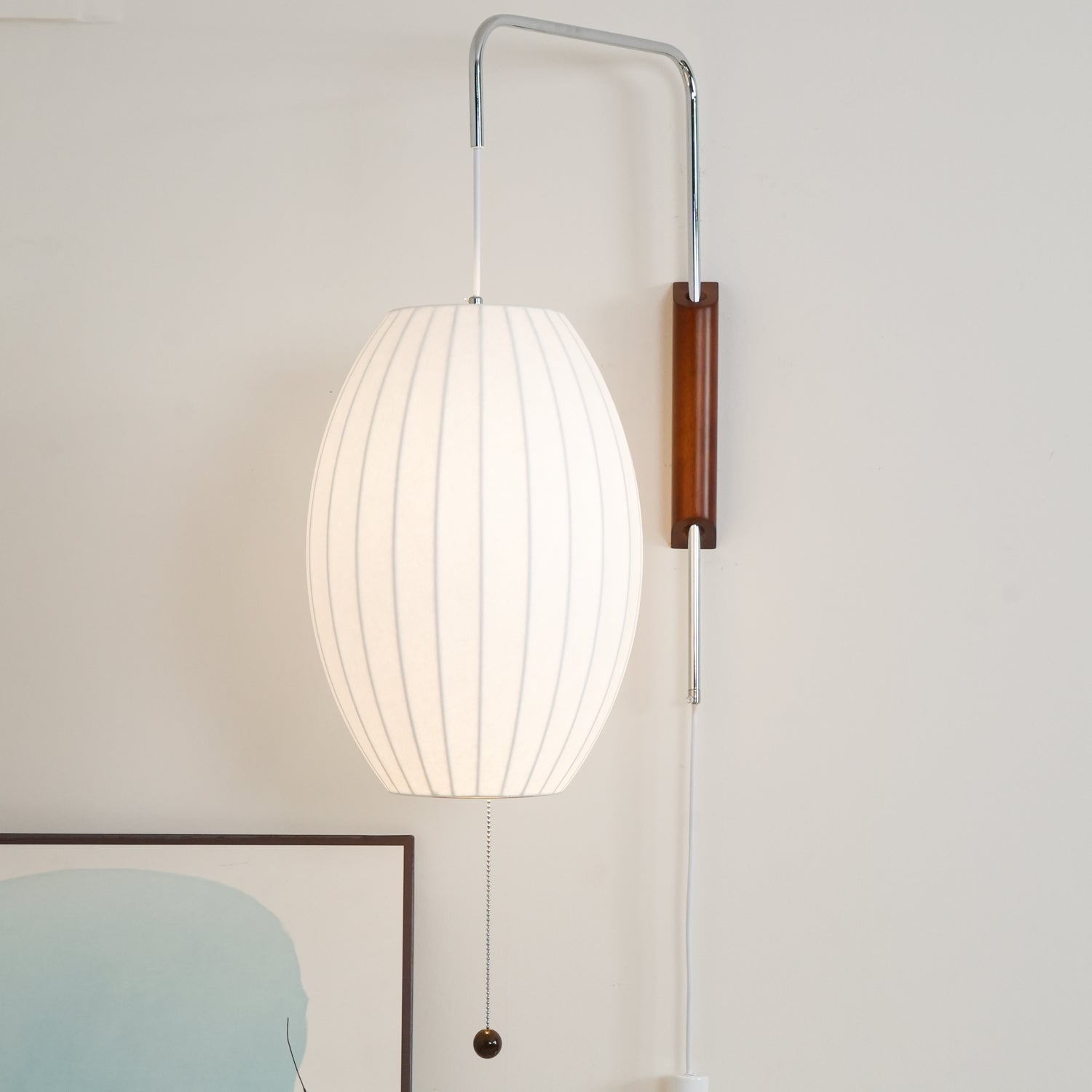 Wall Lamp Walnut Opal Shade 40.0 cm White Bedroom Living Room Plug In Reading Light Japandi Mid Century Accent Lighting | Thomler