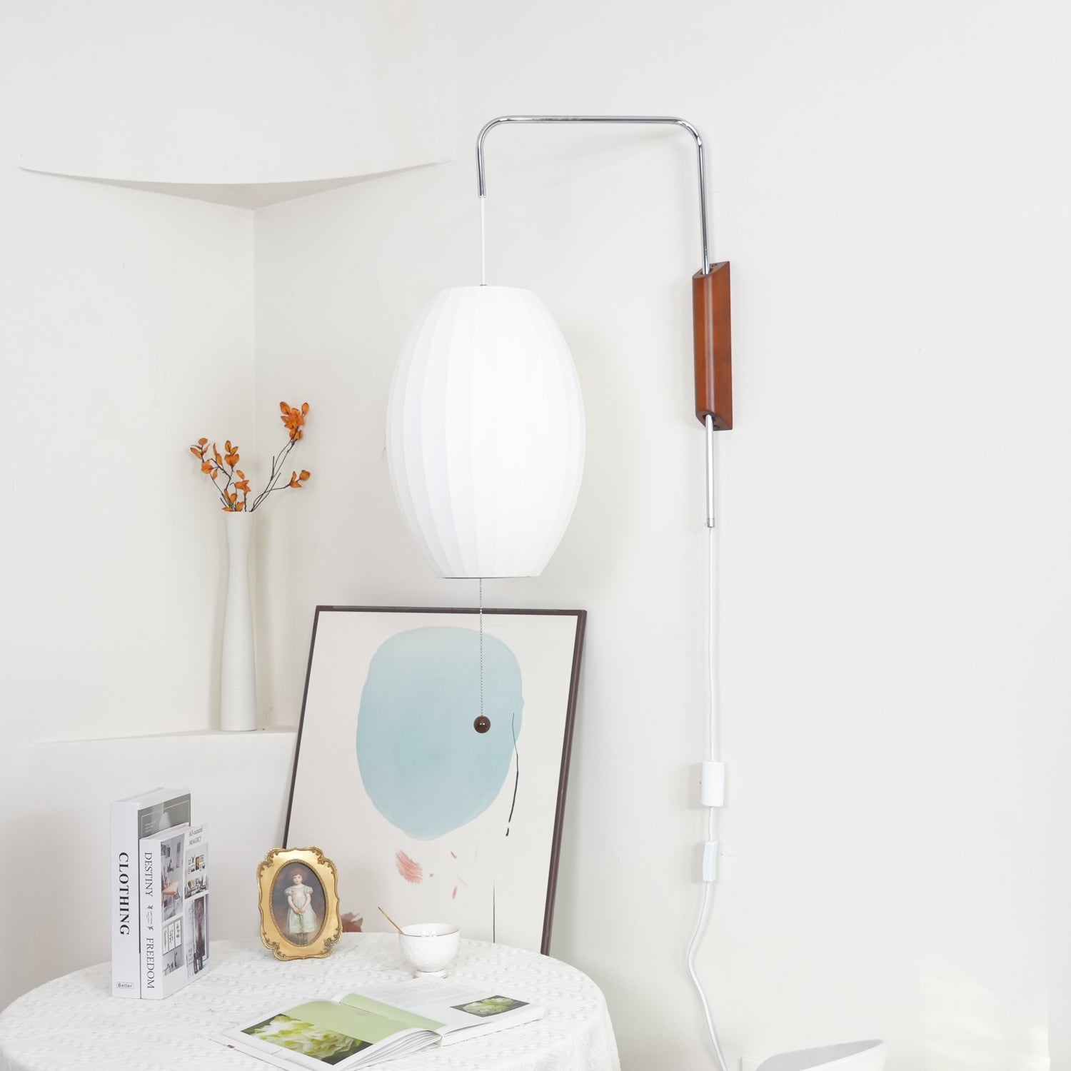 Wall Lamp Walnut Opal Shade 40.0 cm White Bedroom Living Room Plug In Reading Light Japandi Mid Century Accent Lighting | Thomler