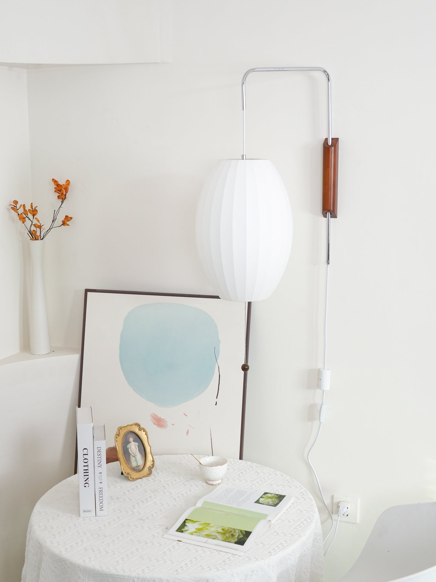 Wall Lamp Walnut Opal Shade 40.0 cm White Bedroom Living Room Plug In Reading Light Japandi Mid Century Accent Lighting | Thomler
