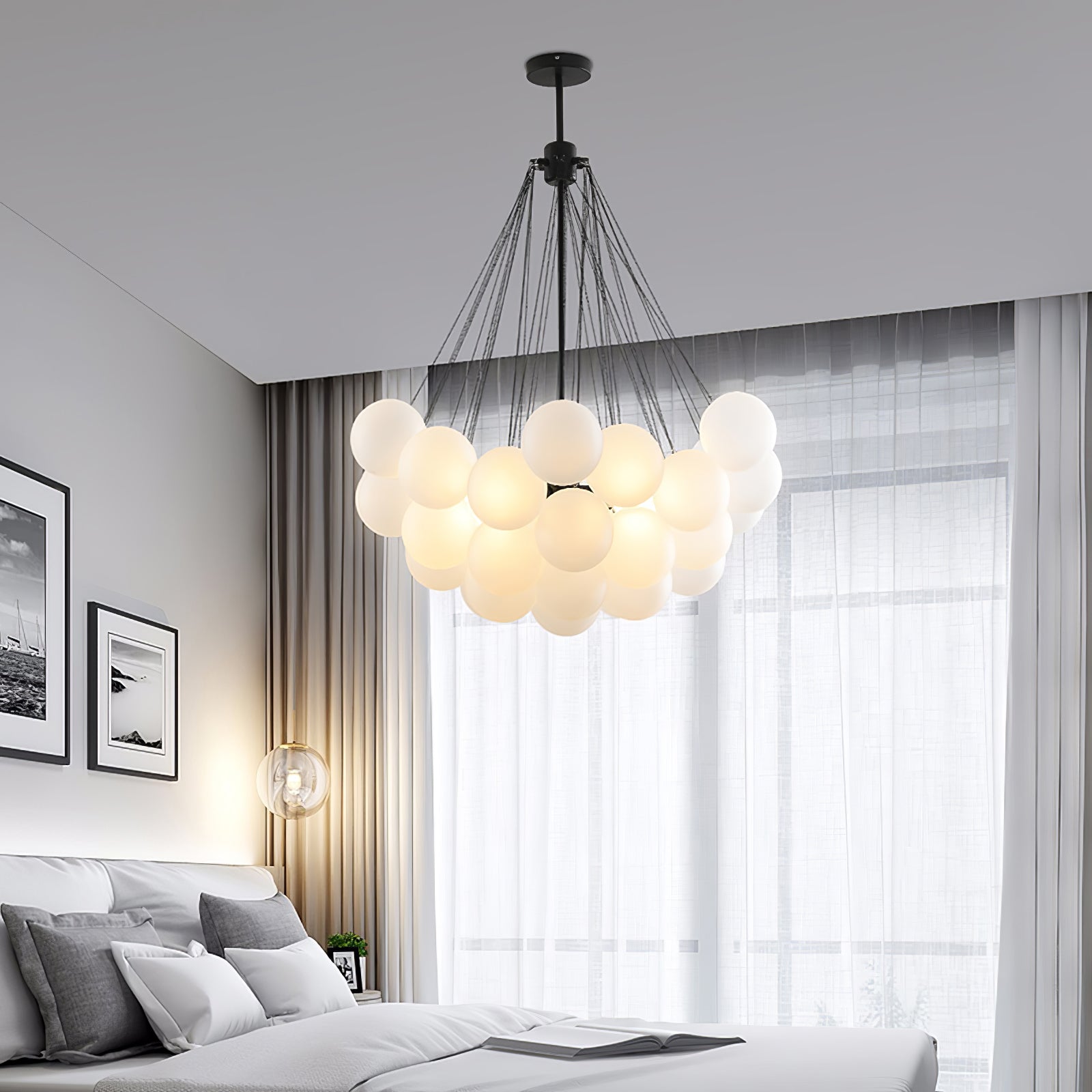 Frosted Glass Orb Chandelier 15.8 in x 33.5 in Indoor Ceiling Light 19-73 Heads Adjustable Modern Dining Room Living Room Pendant Fixture | Thomler