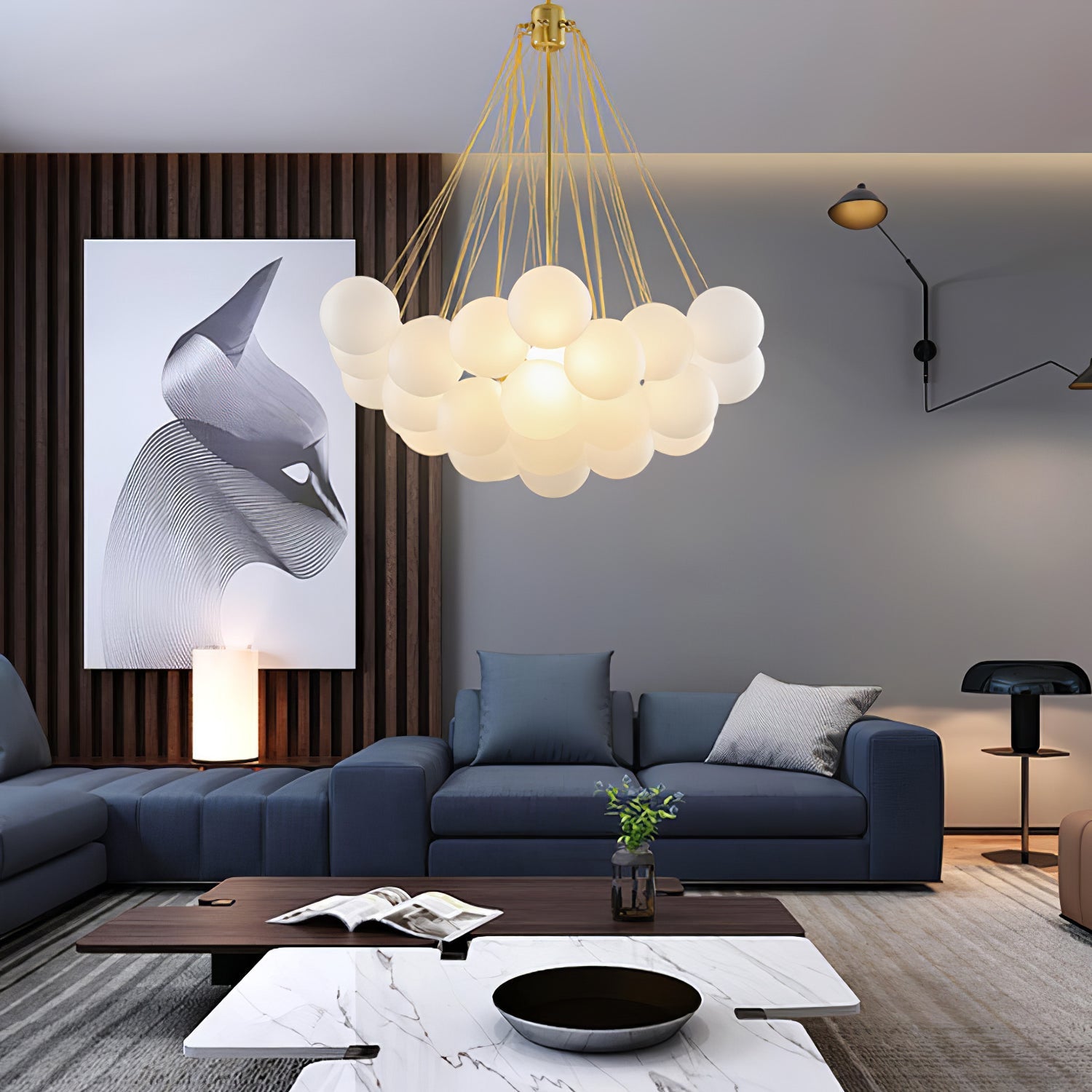 Frosted Glass Orb Chandelier 15.8 in x 33.5 in Indoor Ceiling Light 19-73 Heads Adjustable Modern Dining Room Living Room Pendant Fixture | Thomler