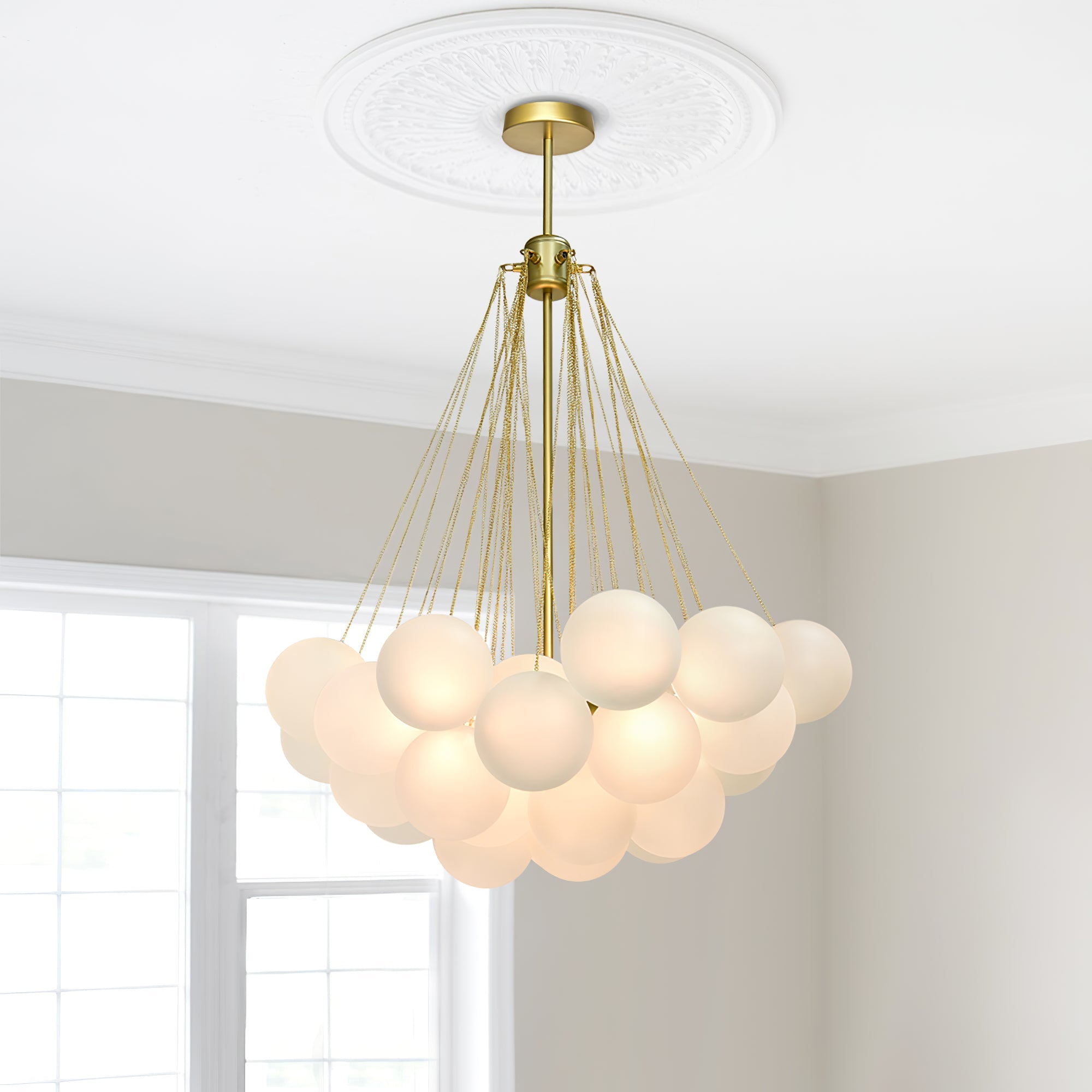 Frosted Glass Orb Chandelier 15.8 in x 33.5 in Indoor Ceiling Light 19-73 Heads Adjustable Modern Dining Room Living Room Pendant Fixture | Thomler