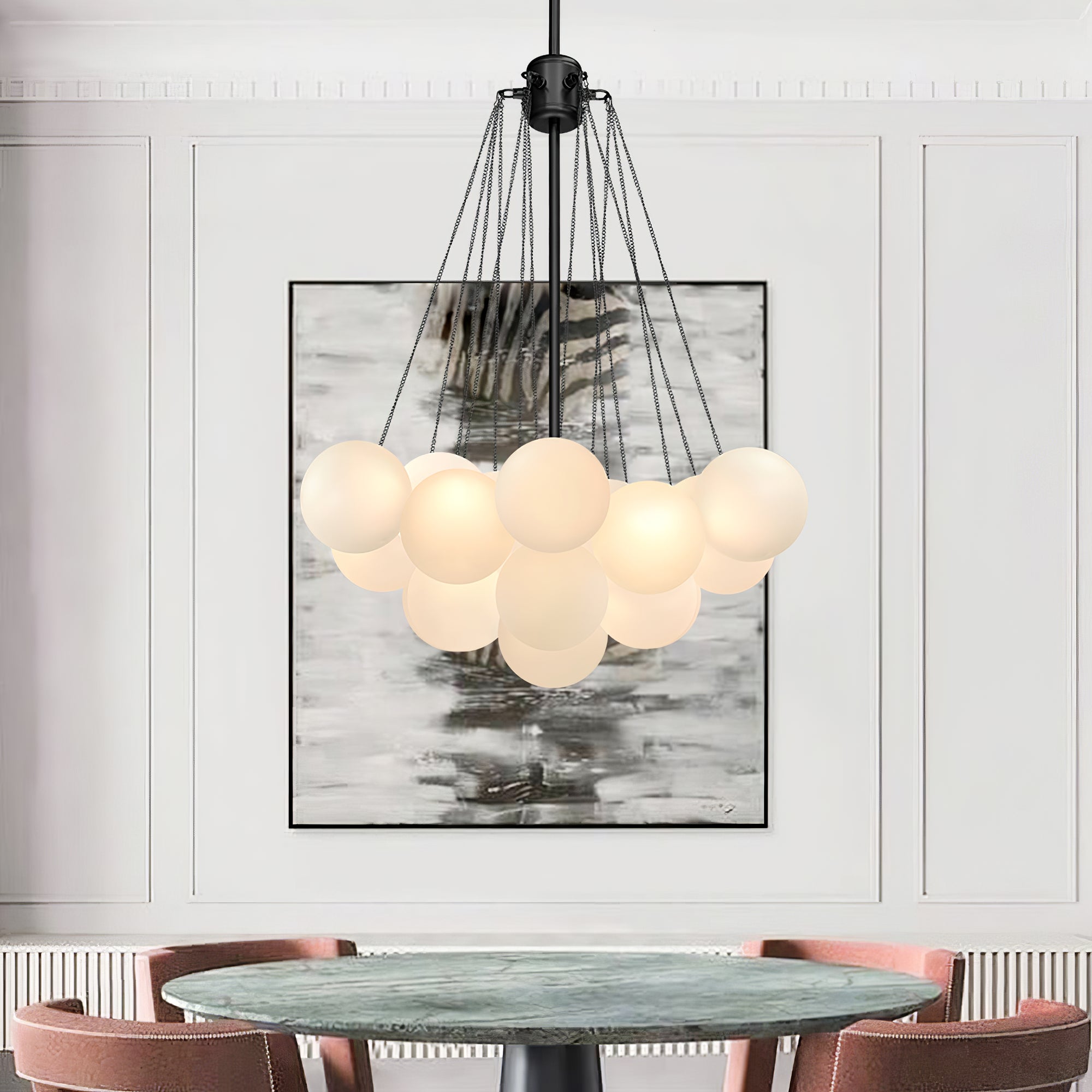 Frosted Glass Orb Chandelier 15.8 in x 33.5 in Indoor Ceiling Light 19-73 Heads Adjustable Modern Dining Room Living Room Pendant Fixture | Thomler