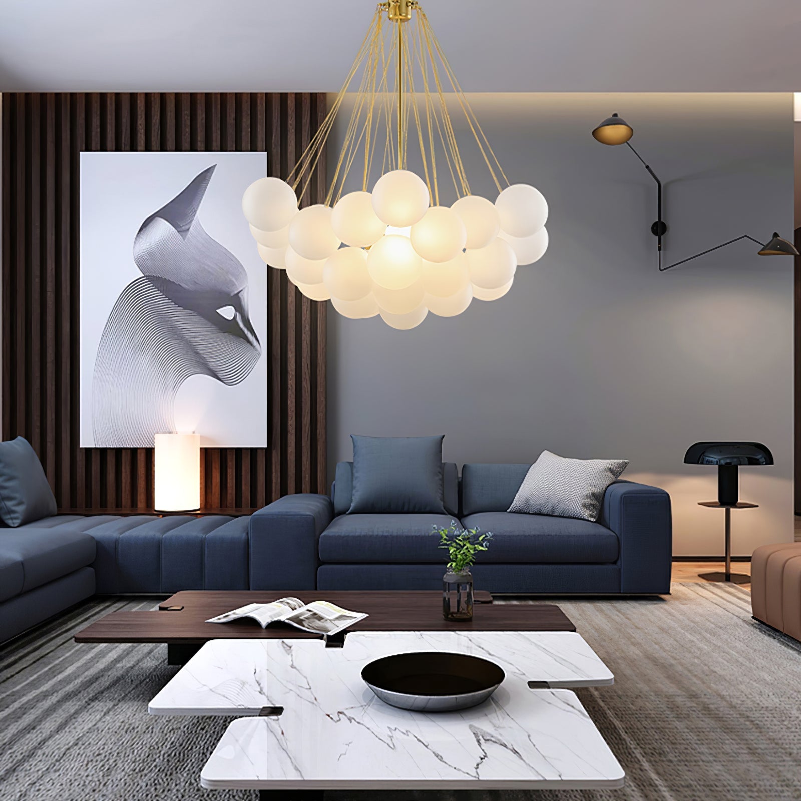 Frosted Glass Orb Chandelier 15.8 in x 33.5 in Indoor Ceiling Light 19-73 Heads Adjustable Modern Dining Room Living Room Pendant Fixture | Thomler