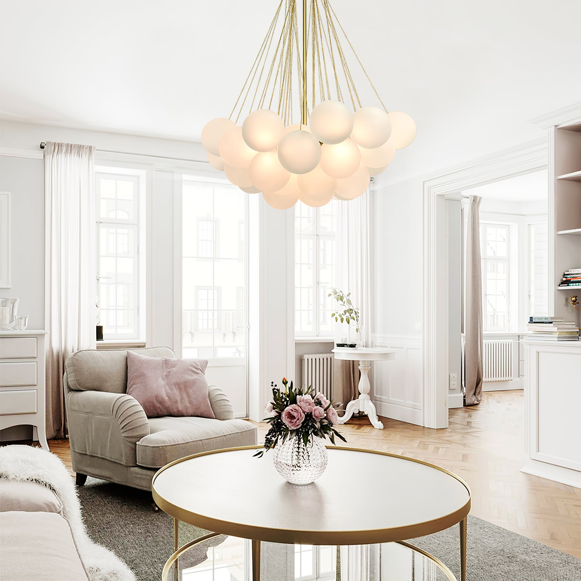 Frosted Glass Orb Chandelier 15.8 in x 33.5 in Indoor Ceiling Light 19-73 Heads Adjustable Modern Dining Room Living Room Pendant Fixture | Thomler