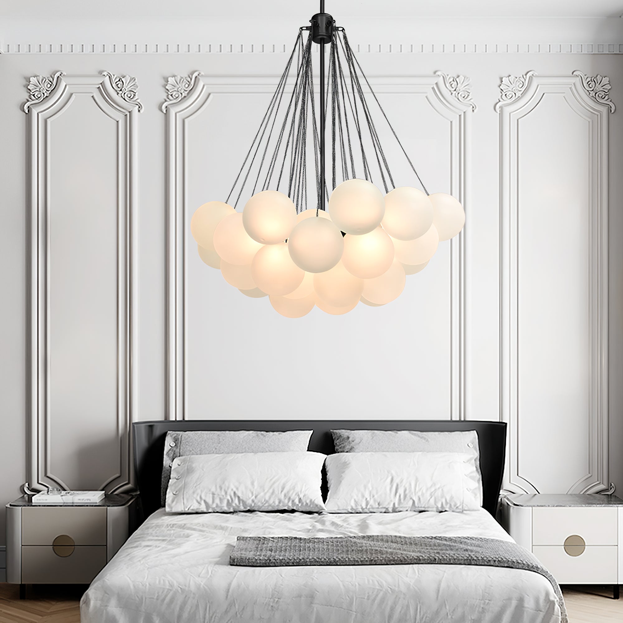 Frosted Glass Orb Chandelier 15.8 in x 33.5 in Indoor Ceiling Light 19-73 Heads Adjustable Modern Dining Room Living Room Pendant Fixture | Thomler