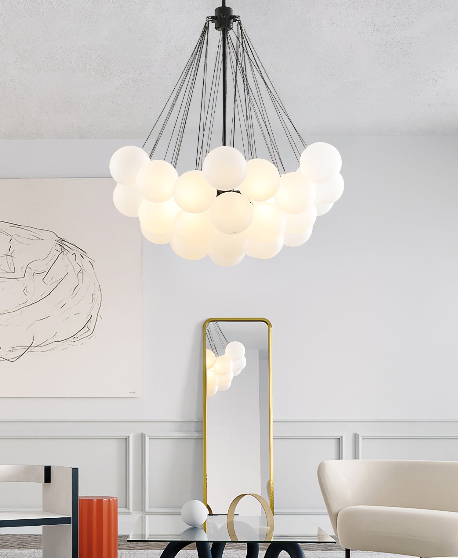 Frosted Glass Orb Chandelier 15.8 in x 33.5 in Indoor Ceiling Light 19-73 Heads Adjustable Modern Dining Room Living Room Pendant Fixture | Thomler