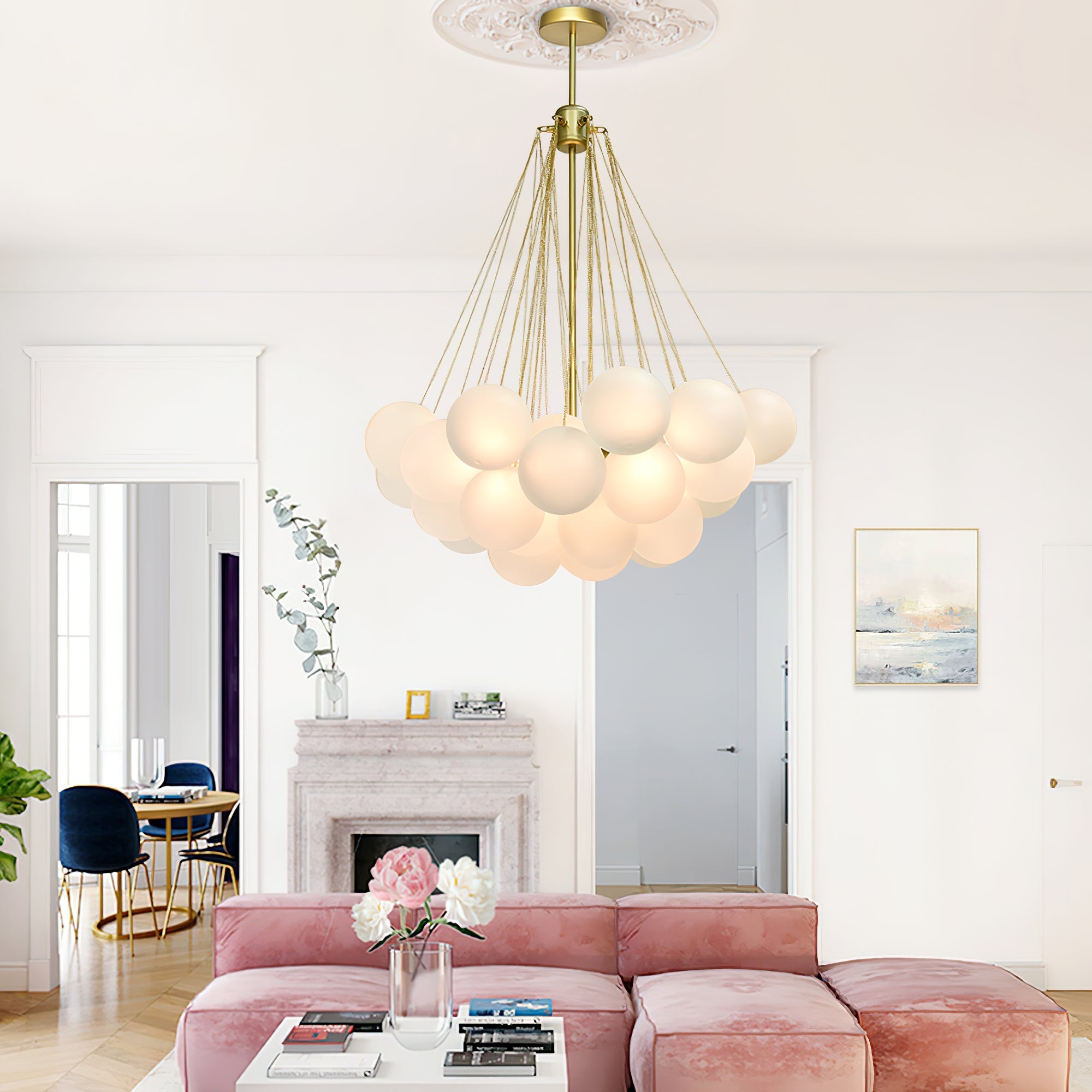 Frosted Glass Orb Chandelier 15.8 in x 33.5 in Indoor Ceiling Light 19-73 Heads Adjustable Modern Dining Room Living Room Pendant Fixture | Thomler