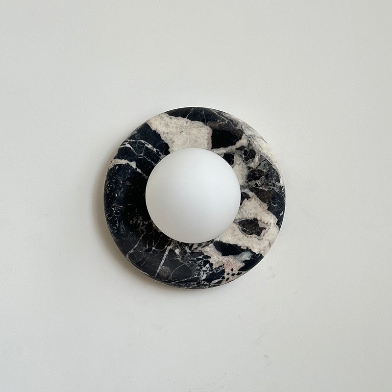 Round Glass Wall Sconce with Curved Marble Backplate for Living Room, Bedroom & Hallway – Hardwired Modern Indoor Light Fixture | Thomler