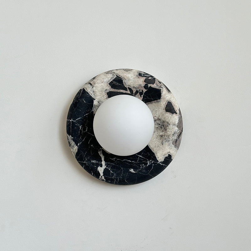 Round Glass Wall Sconce with Curved Marble Backplate for Living Room, Bedroom & Hallway – Hardwired Modern Indoor Light Fixture | Thomler