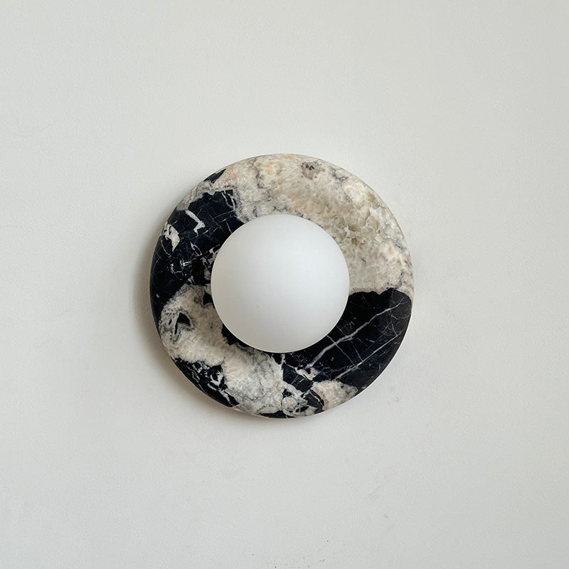 Round Glass Wall Sconce with Curved Marble Backplate for Living Room, Bedroom & Hallway – Hardwired Modern Indoor Light Fixture | Thomler