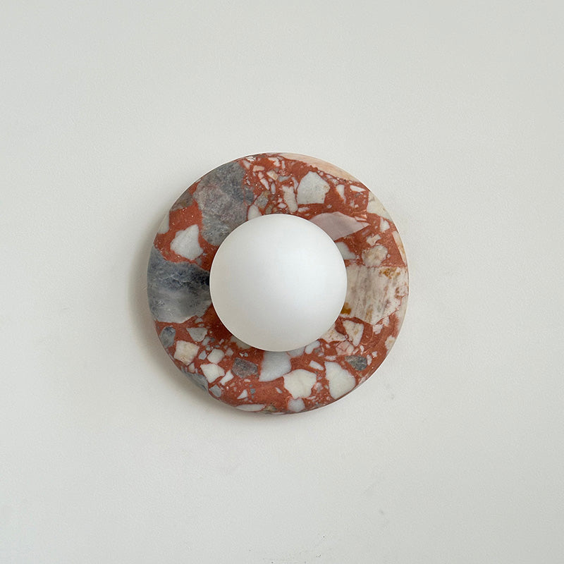 Round Glass Wall Sconce with Curved Marble Backplate for Living Room, Bedroom & Hallway – Hardwired Modern Indoor Light Fixture | Thomler