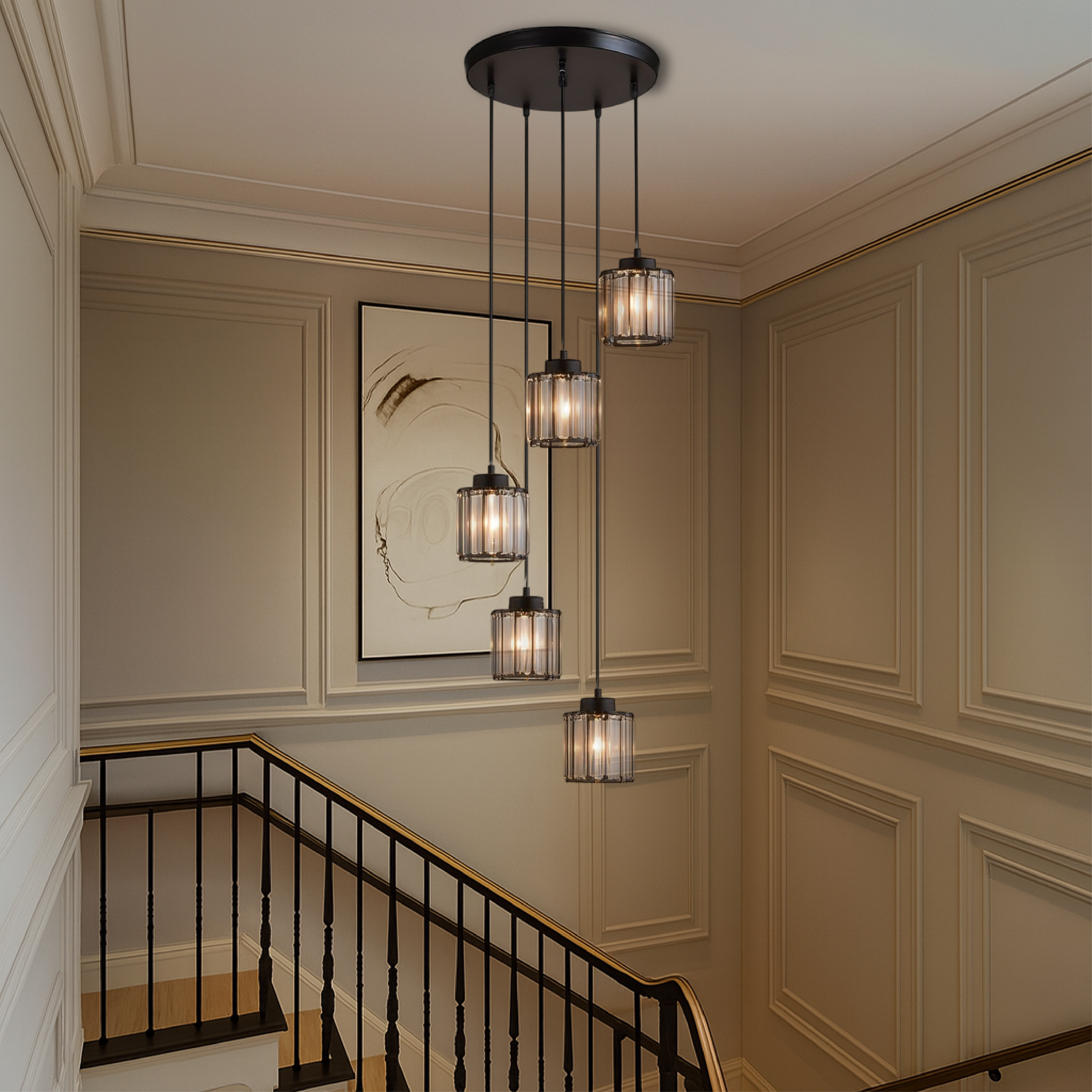 Pendant Light Glass Metal 13.0 cm x 15.0 cm Adjustable Black Staircase Foyer Hanging Chandelier 5-8 Tier Luxury Stair Lighting | Thomler