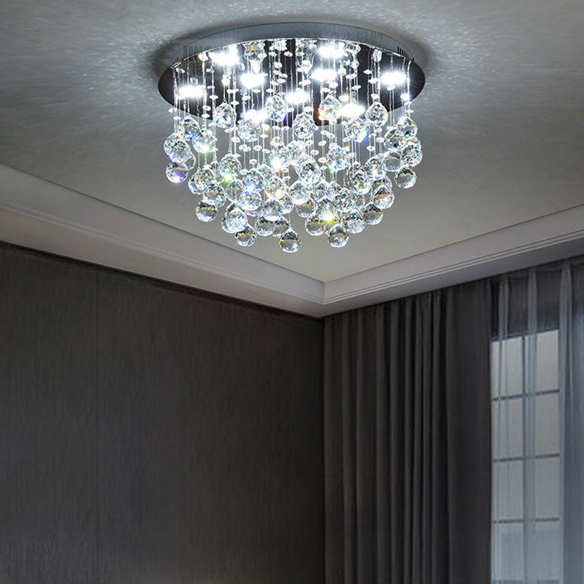 Sparkling Tiered Crystal Ceiling Light Fixture 9-Socket Chrome Finish for Dining Room Bedroom Living Room Contemporary Semi-Flush Mount | Thomler