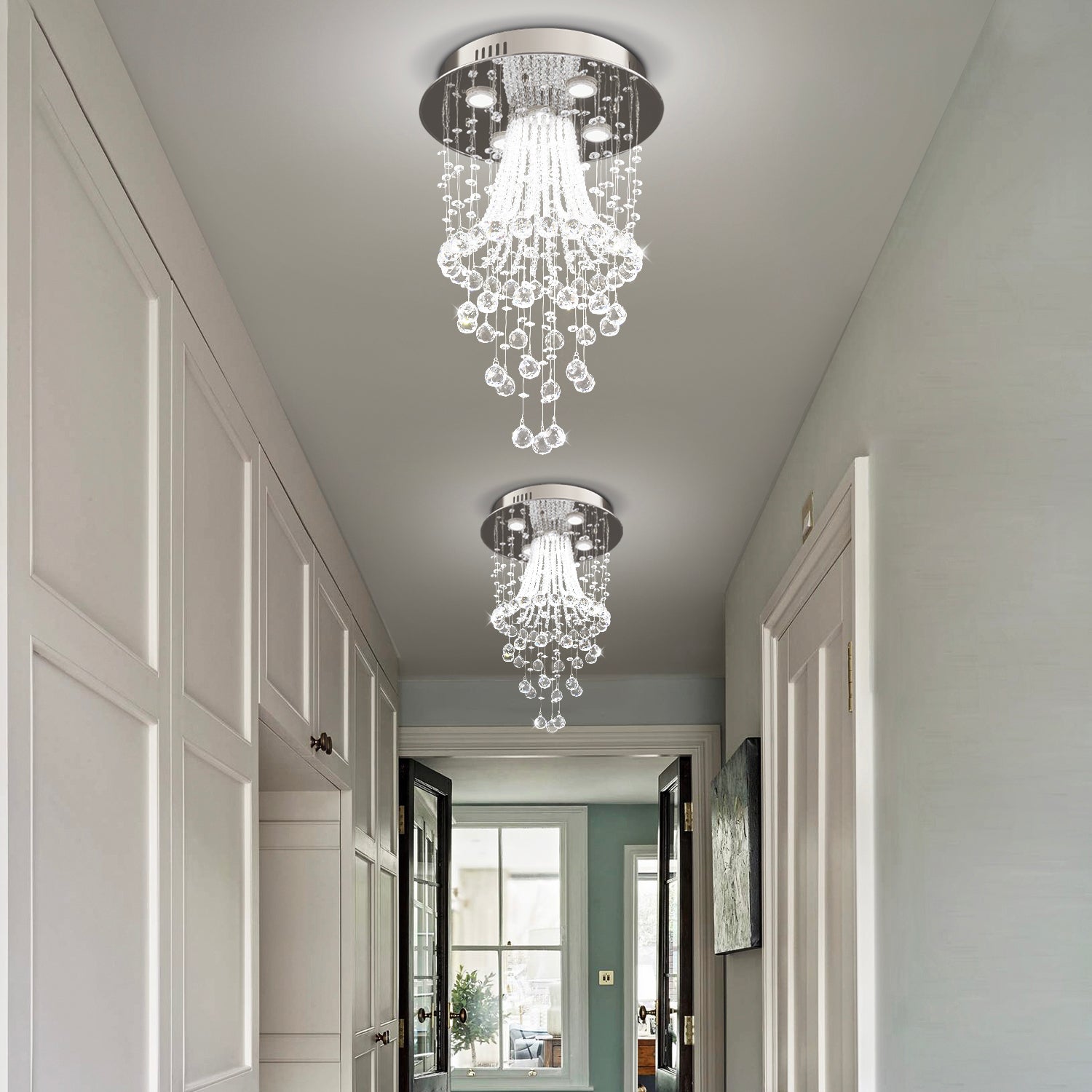 Chrome Ceiling Light with Cascading K9 Crystal Strands for Bedroom, Living Room & Hallway | 5-Light Flush Mount Fixture with GU10 Sockets | Thomler