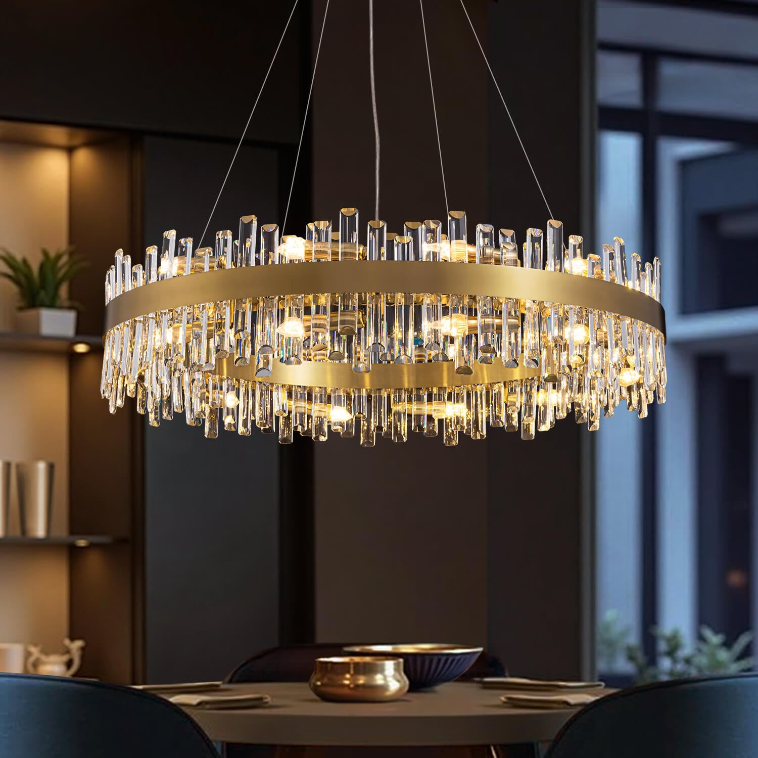 Pendant Light Crystal Metal 19.7 in Round Gold Dining Room Kitchen Island Ceiling Chandelier Adjustable Height Luxury Modern | Thomler
