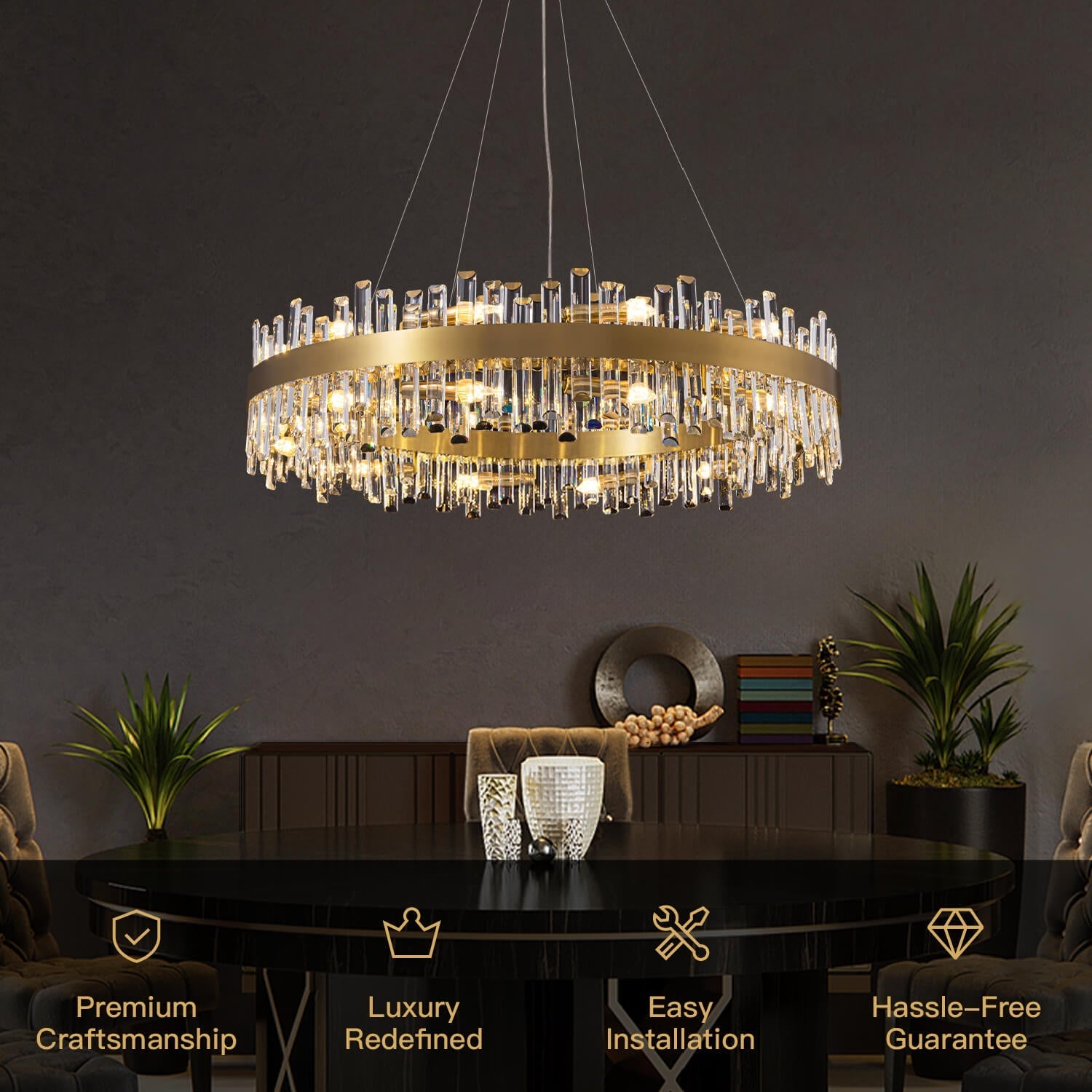 Crystal Round Chandelier Gold K9 19.7–39.4 in Dining Room Living Room Ceiling Light Luxury Pendant | Thomler