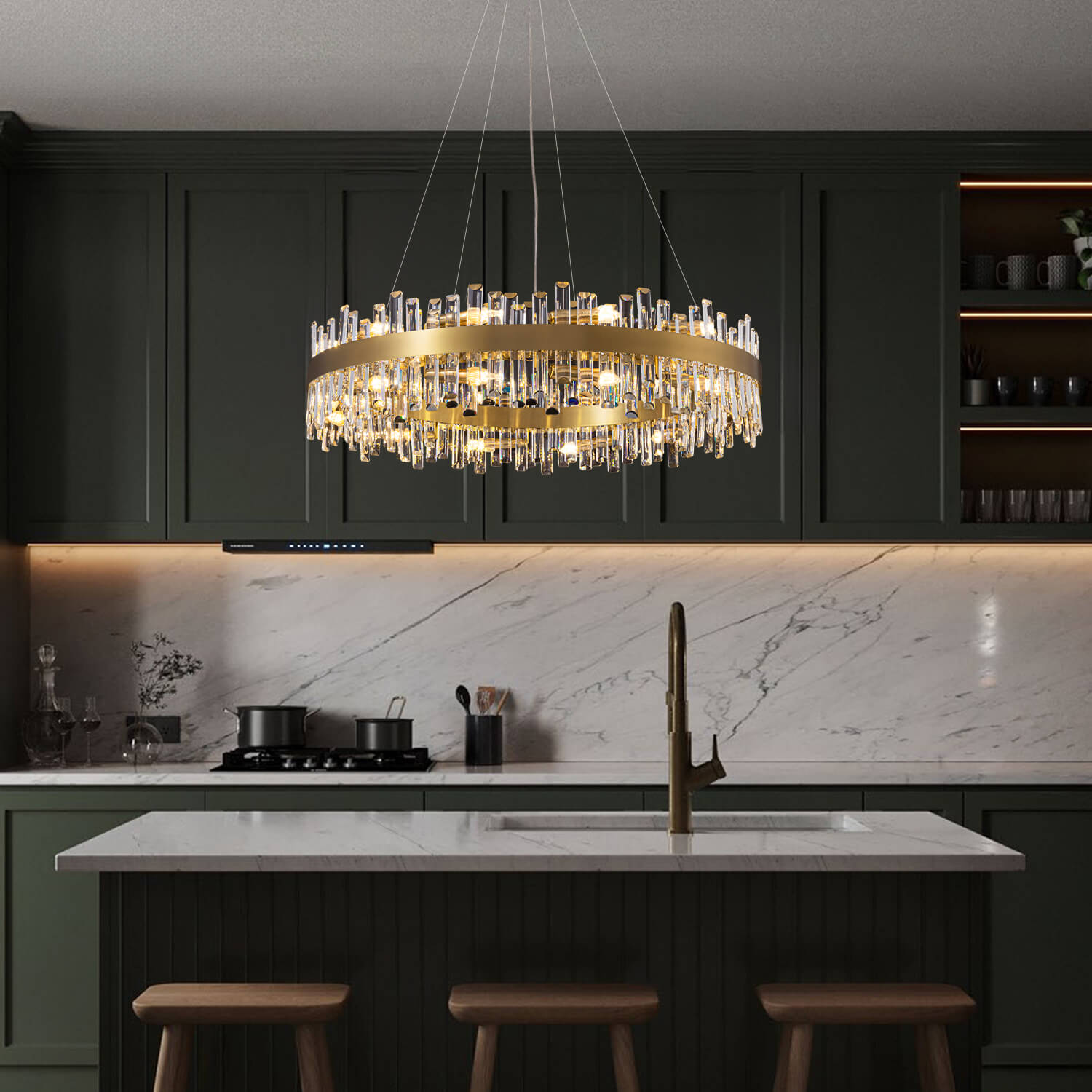 Pendant Light Crystal Metal 19.7 in Round Gold Dining Room Kitchen Island Ceiling Chandelier Adjustable Height Luxury Modern | Thomler