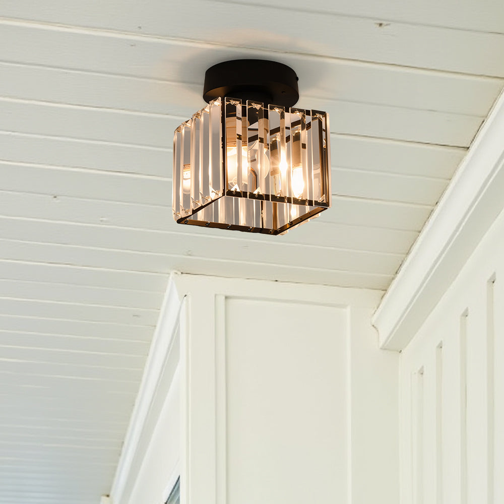 Square Brass Ceiling Light with Crystal Glass Cover – Modern Flush Mount Fixture for Bedroom, Hallway, Living Room & Home Office – E27 | Thomler