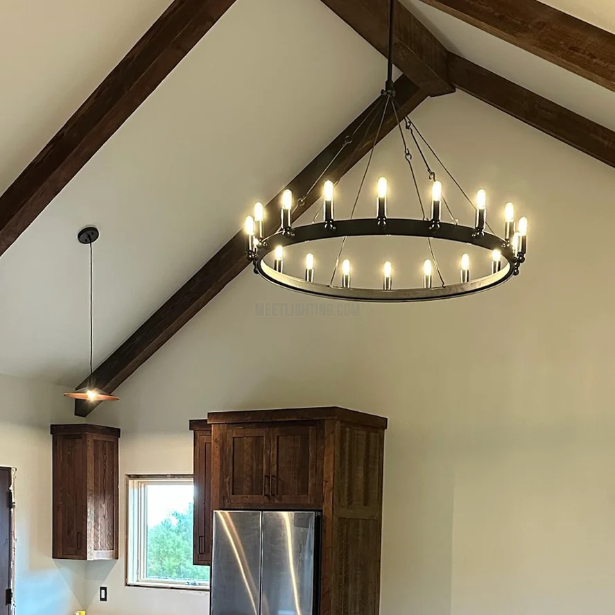 Circular Iron Ring Chandelier with Candelabra Bulbs – Statement Lighting for High Ceilings – 5 Diameter Options from 27" to 73" | Thomler