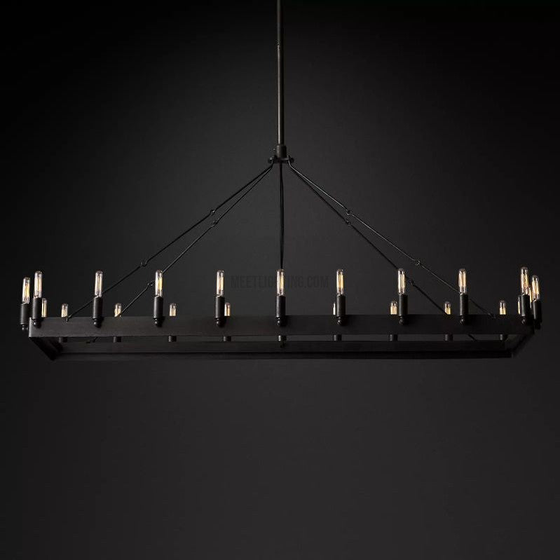 Industrial Rectangular Chandelier with Exposed Edison Bulbs – Adjustable Height Steel Frame Ceiling Light for Dining Room, Kitchen Island | Thomler