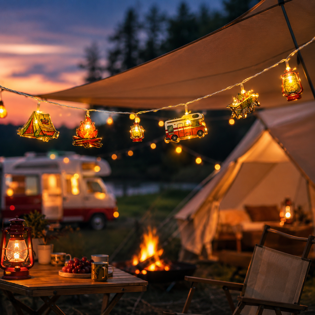 Camping-Themed LED Fairy Lights – Battery-Powered Indoor Outdoor String Lights with Tent, Campfire & Lantern Icons for Patio, Backyard & | Thomler