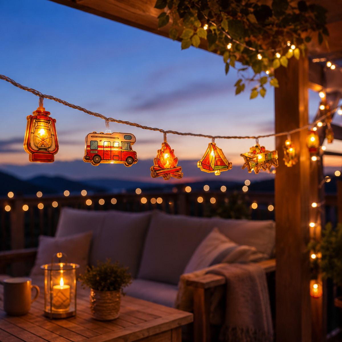 Camping-Themed LED Fairy Lights – Battery-Powered Indoor Outdoor String Lights with Tent, Campfire & Lantern Icons for Patio, Backyard & | Thomler