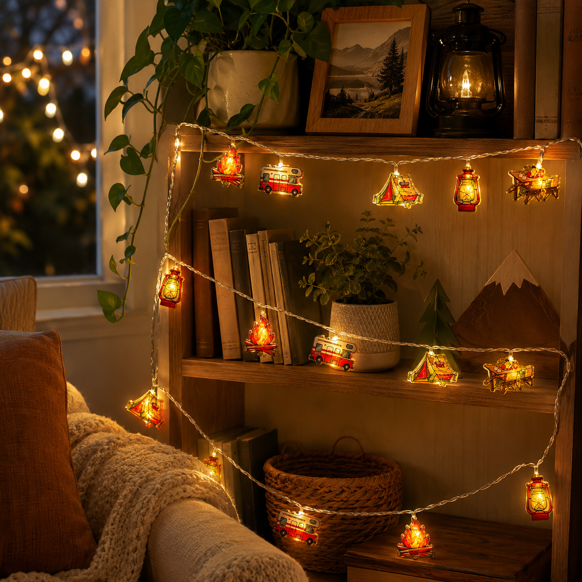 Camping-Themed LED Fairy Lights – Battery-Powered Indoor Outdoor String Lights with Tent, Campfire & Lantern Icons for Patio, Backyard & | Thomler